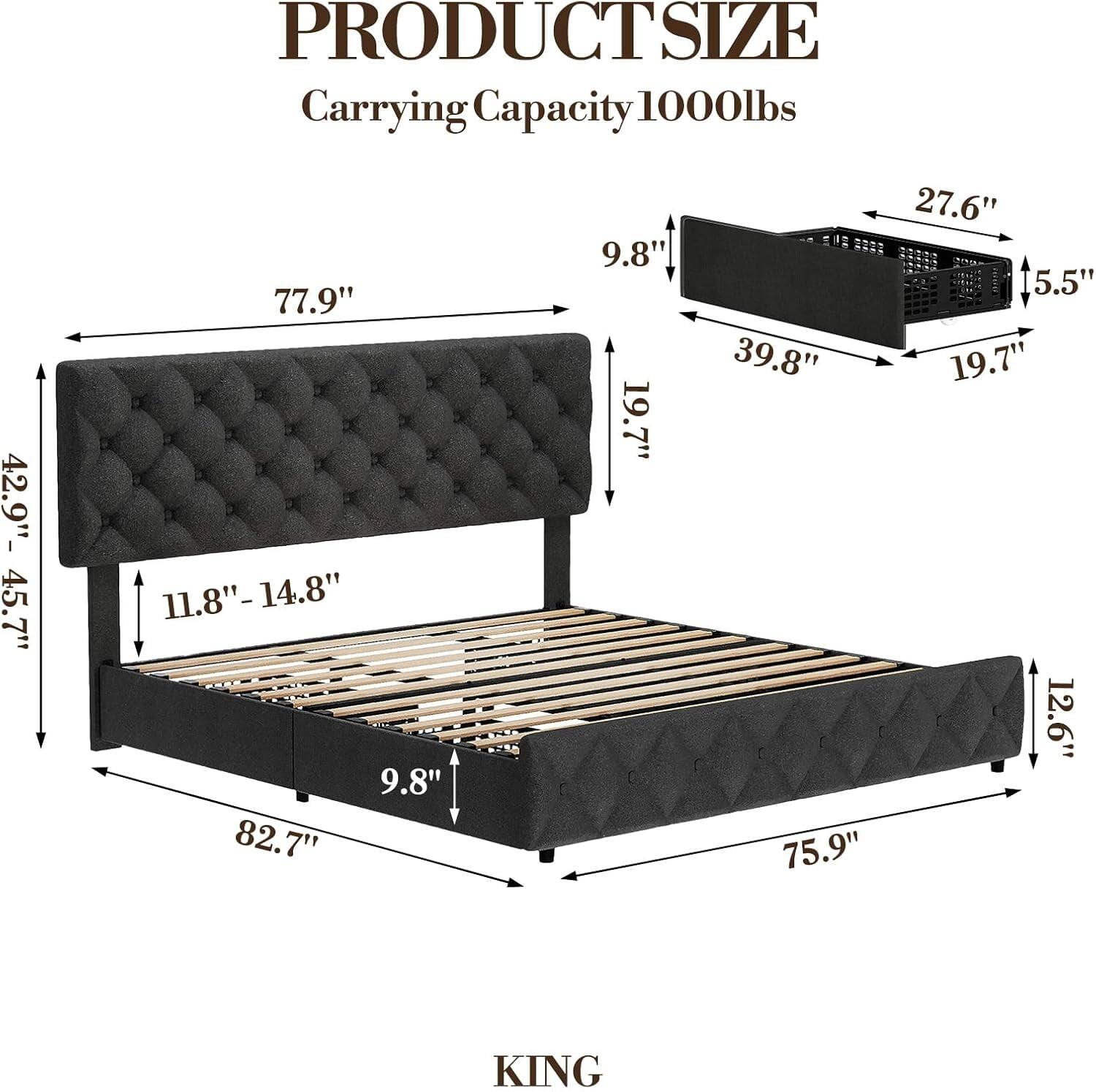 PRODUCT SIZE  
Carrying Capacity 1000lbs  

- Length: 82.7"  
- Width: 77.9"  
- Height: 19.7"  
- Headboard Height: 42.9" - 45.7"  
- Mattress Thickness: 11.8" - 14.8"  
- Side Rail Height: 9.8"  
- Footboard Height: 19.7"  
- Footboard Width: 75.9"  
- Control Box Dimensions: 39.8" x 19.7" x 9.8"  
- Control Box Height: 27.6"  
- Control Box Width: 15.5"  

KING