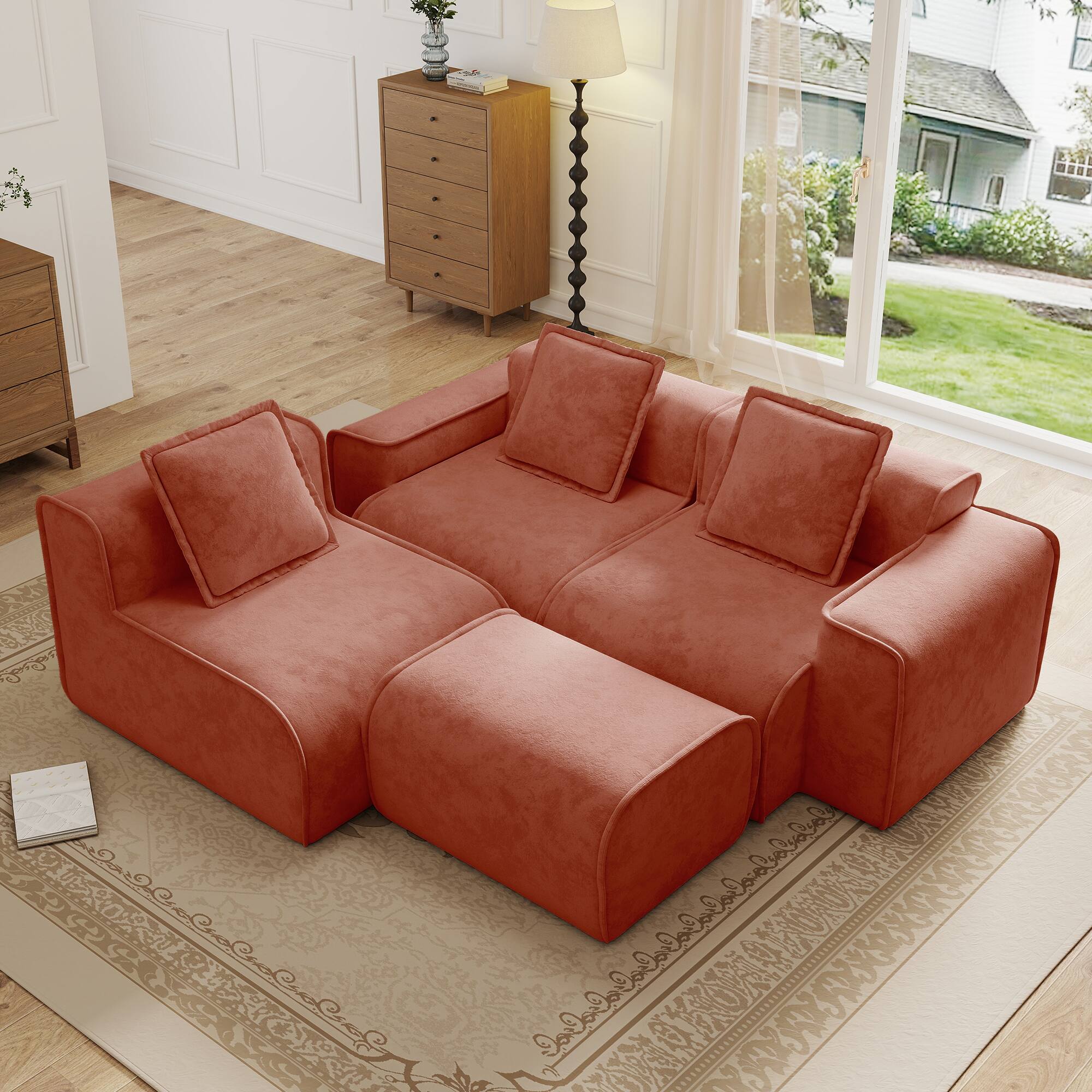 Back. Anysun - Streamlined L-Shape Velvet Sectional Sofa - 3-Seat Boneless Design, No Assembly, Includes Pillows & Ottoman - Red.