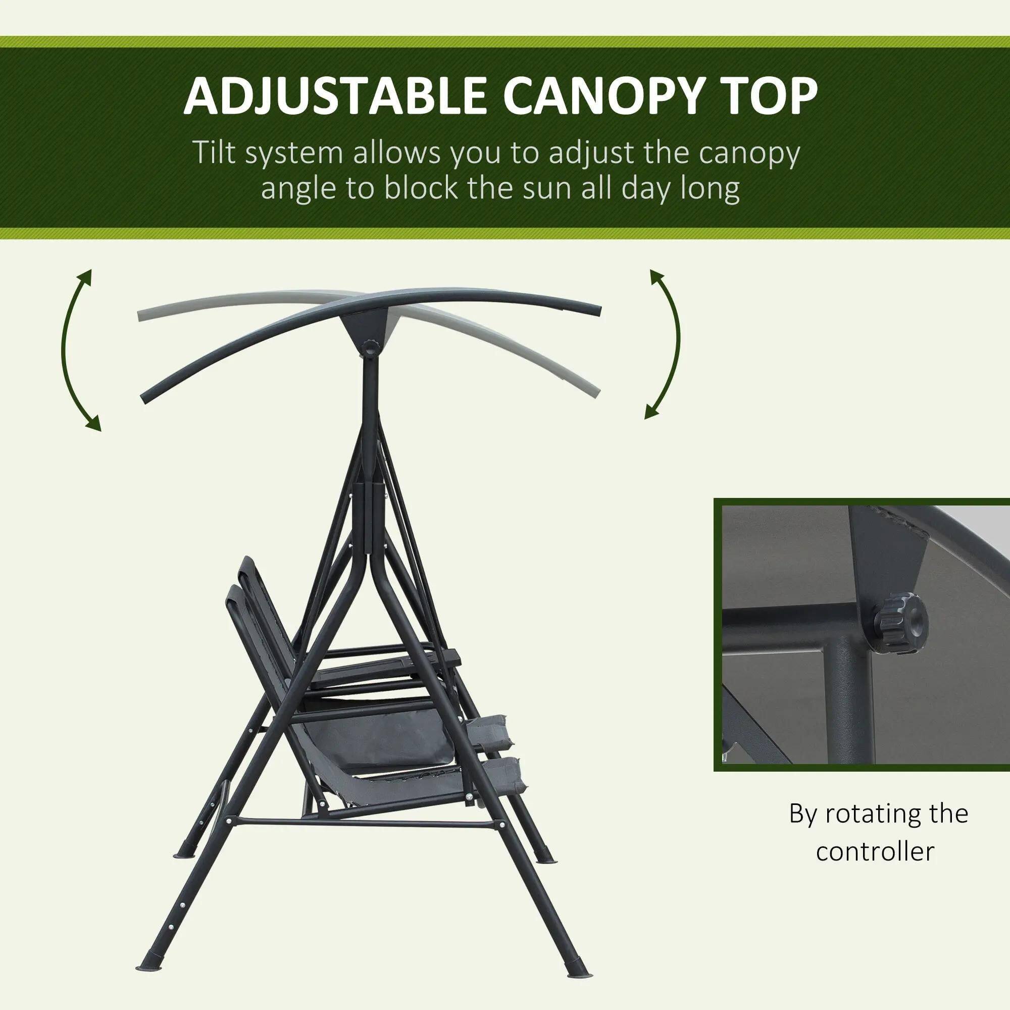 The text on the image can be grouped and corrected as follows:

**ADJUSTABLE CANOPY TOP**

Tilt system allows you to adjust the canopy angle to block the sun all day long. By rotating the controller.