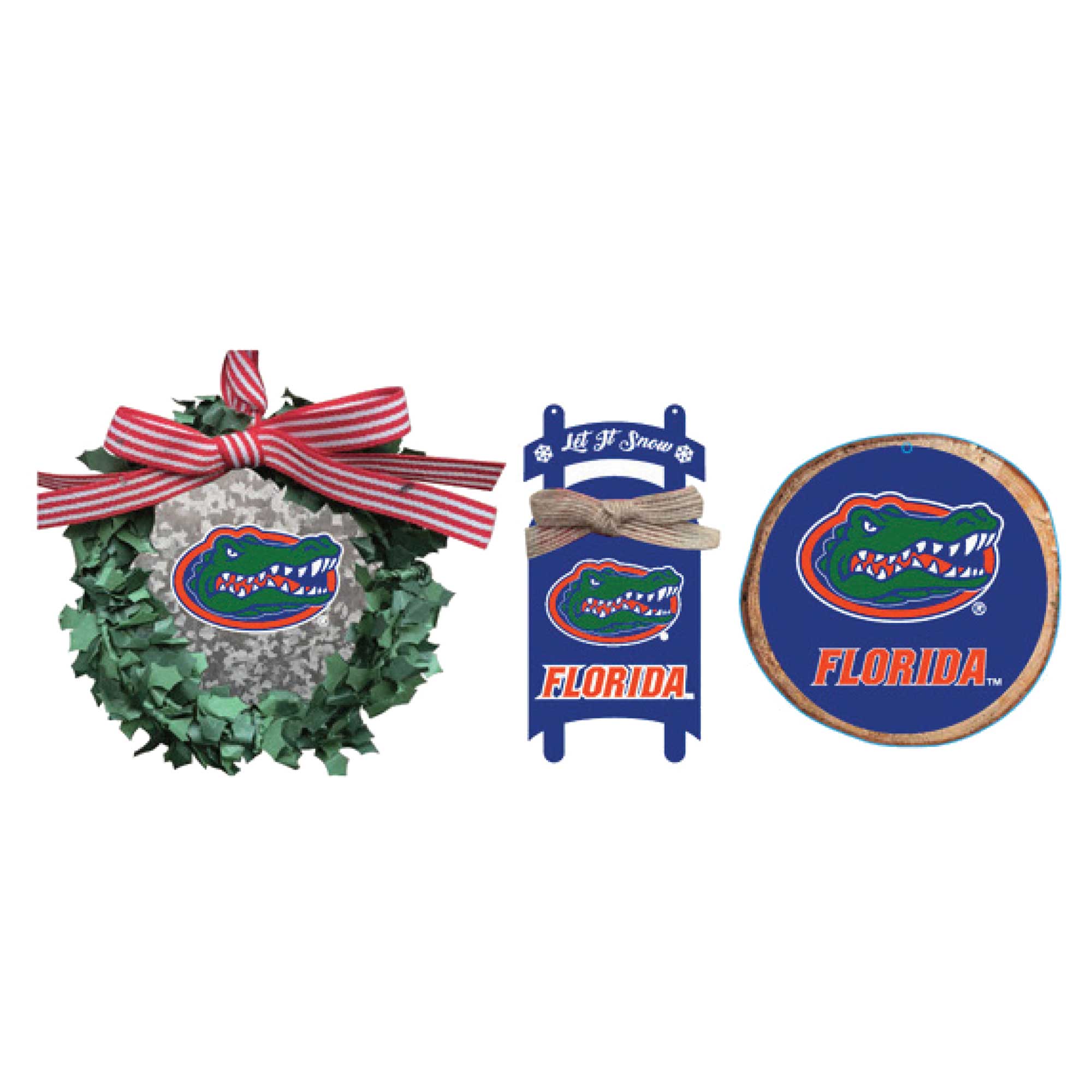 The Memory Company - Florida Gators Three-Pack Wreath, Sled & Circle Ornament Set - Multicolor