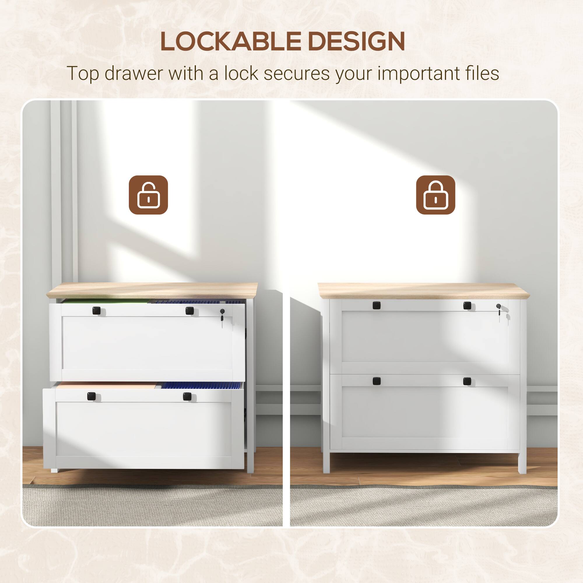 LOCKABLE DESIGN  
Top drawer with a lock secures your important files