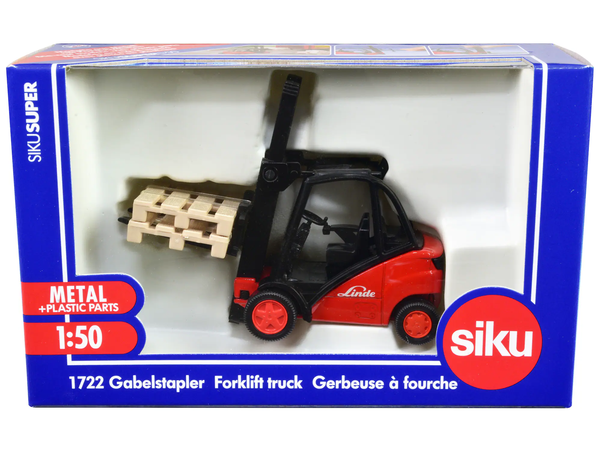 Linde Forklift Truck with 2 Pallet Accessories 1/50 Diecast Model by Siku - Red