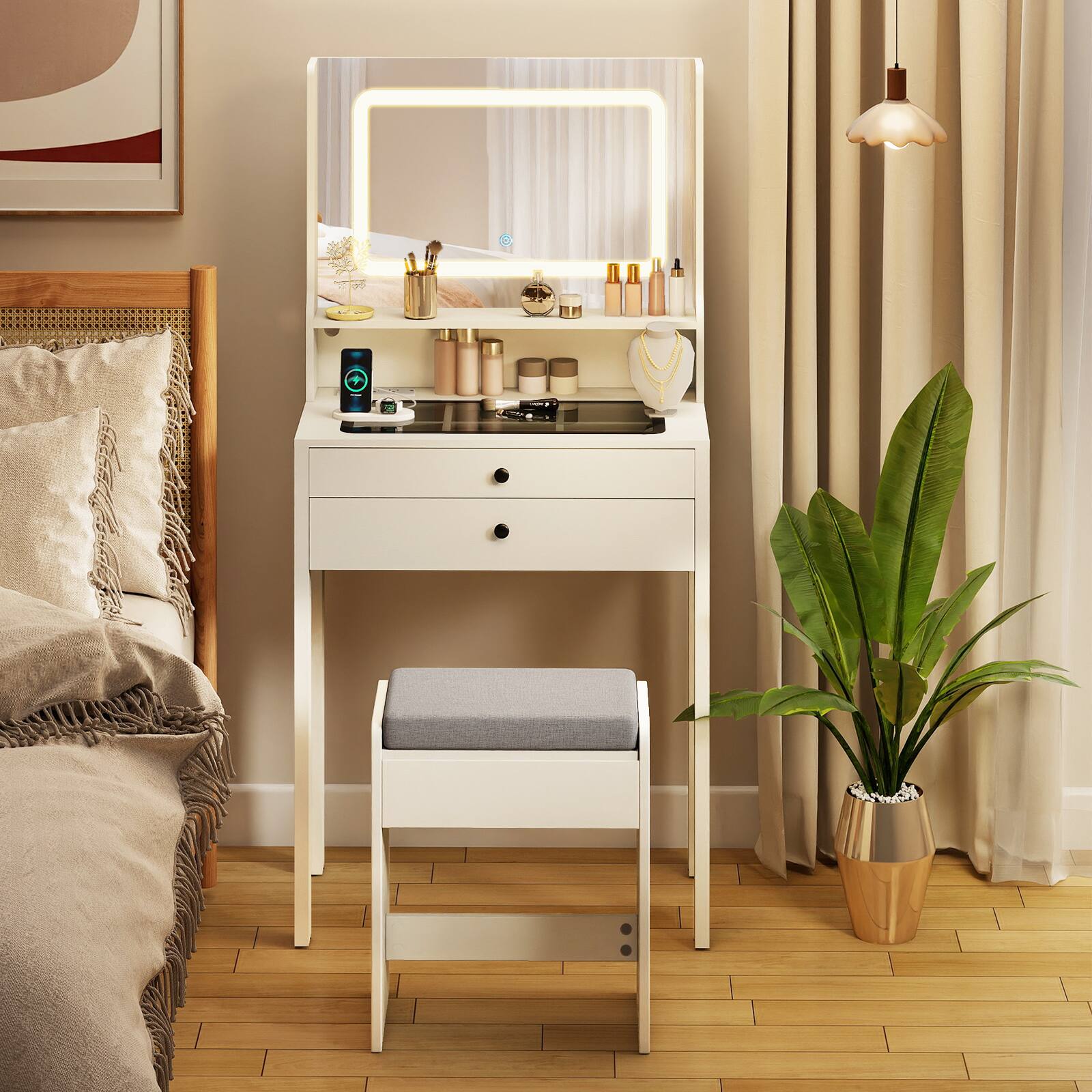 Alt View 1. Gymax - Gymax Small Vanity Desk w/Mirror Lights Charging Station Glass Top Drawers Shelf - White.
