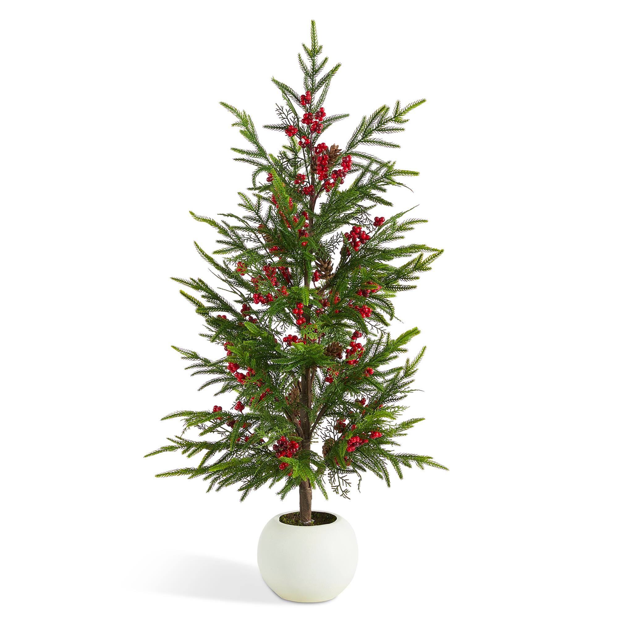 Angle. Glitzhome - 37.5"H Christmas Greenery PE Dripping Pine Porch Tree with Pinecones and Red Berries - Green.