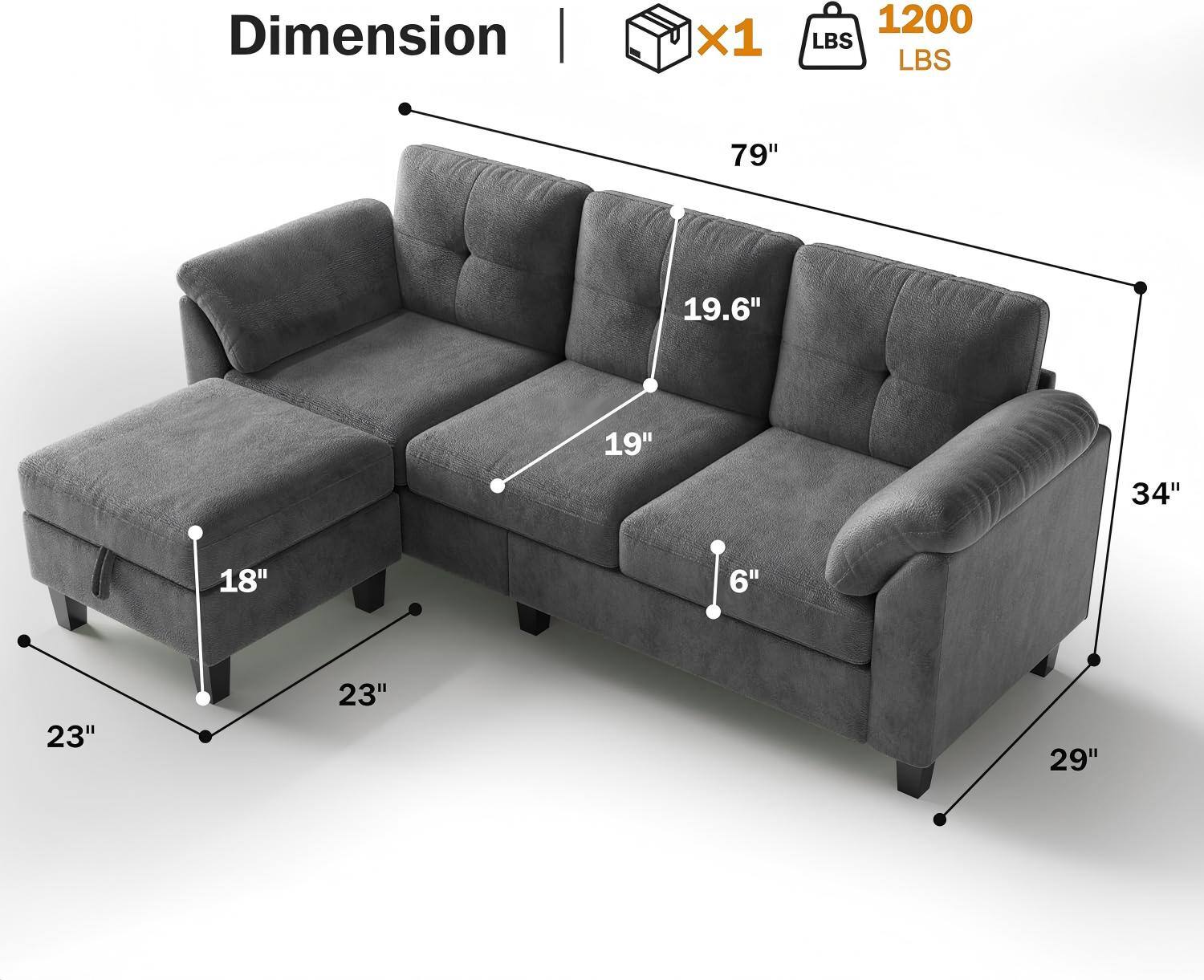 Dimension | x1 1200 LBS  
79" 19.6" 19" 34" 18" 6" 23" 23" 29"