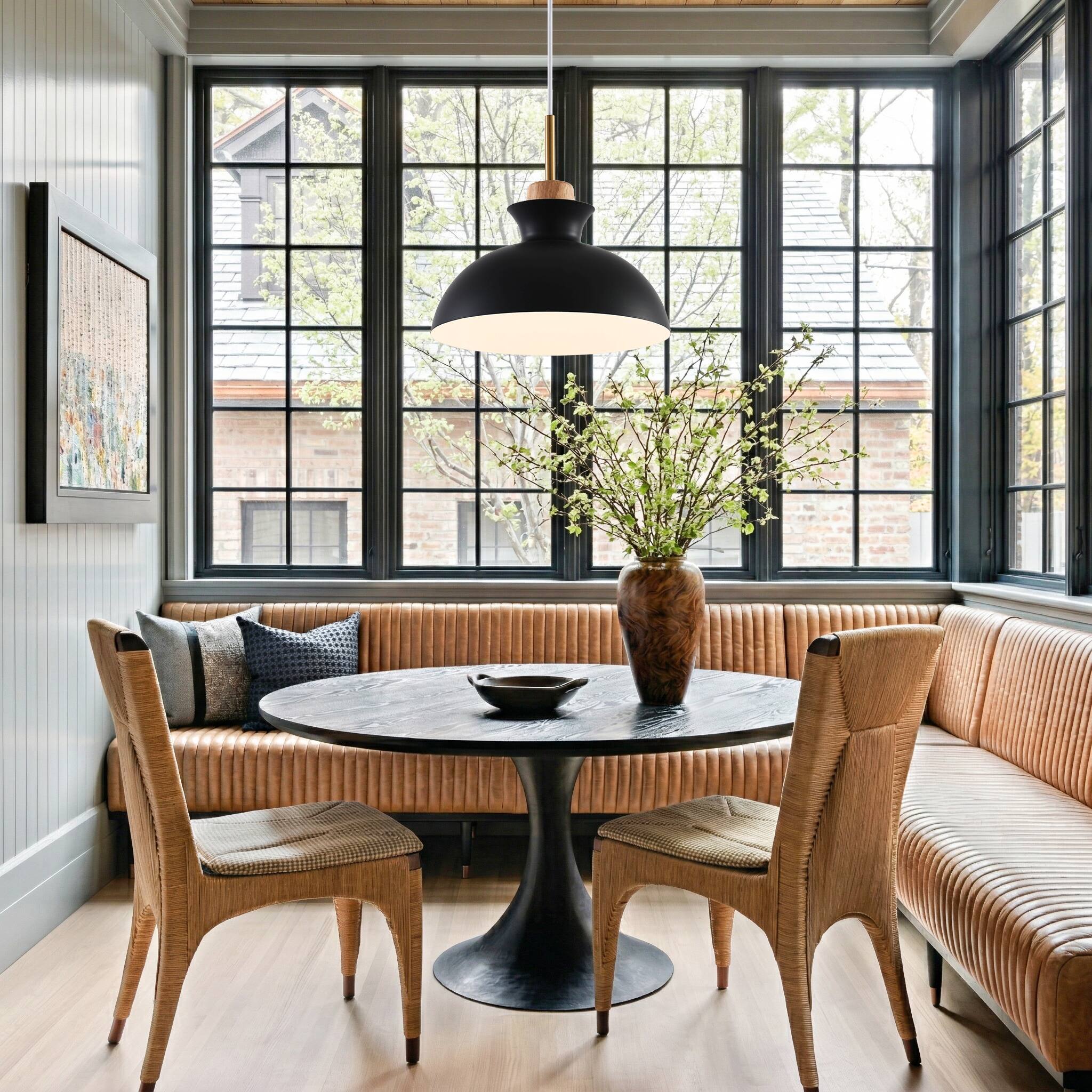 Back. Parrot Uncle - Modern 1-Light Hanging Pendant Light with Wood and Brass Accents - Black.