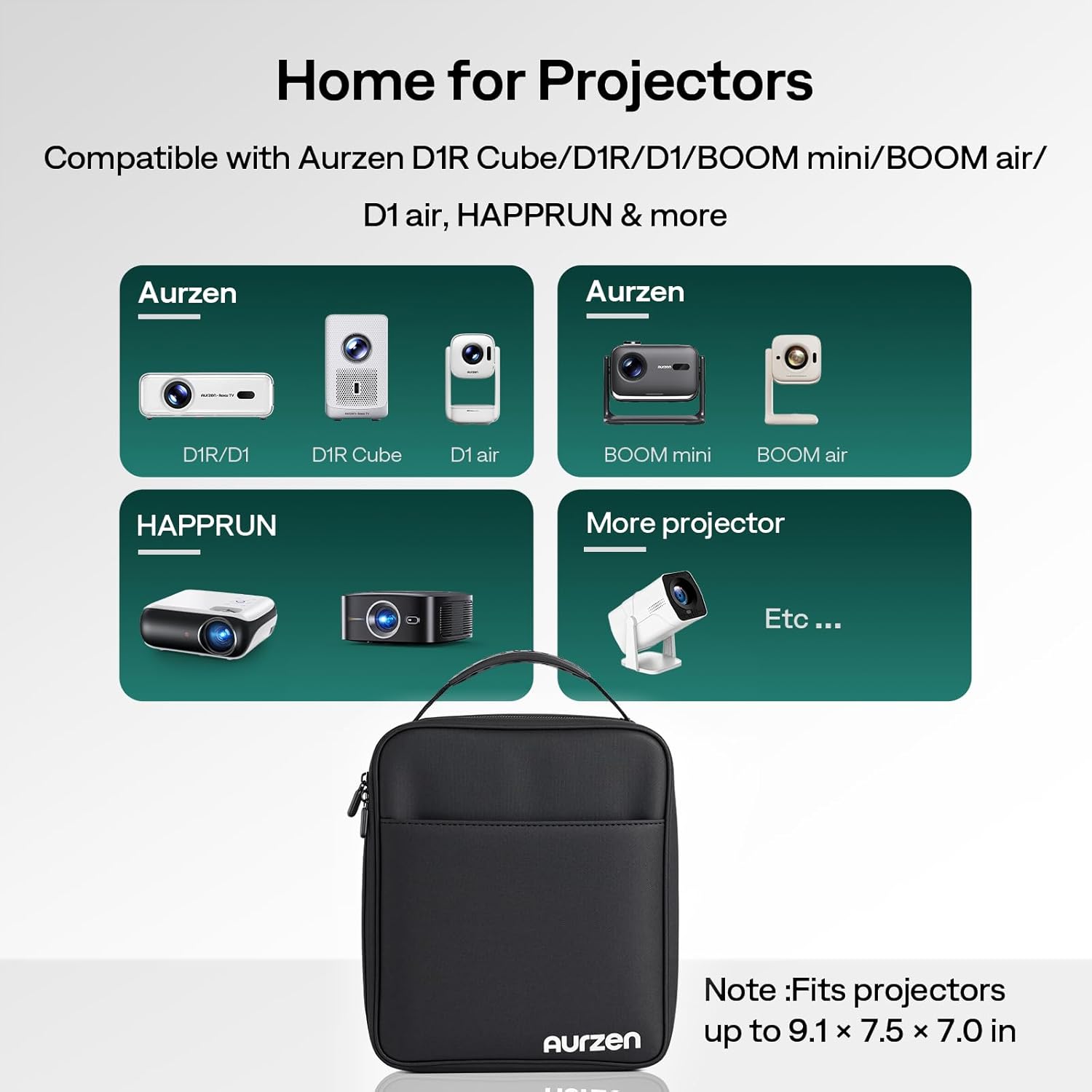 Home for Projectors

Compatible with Aurzen D1R Cube/D1R/D1/BOOM mini/BOOM air/D1 air, HAPPRUN & more

Aurzen
- D1R/D1
- D1R Cube
- D1 air

Aurzen
- BOOM mini
- BOOM air

HAPPRUN

More projector
- Etc...

Note: Fits projectors up to 9.1 x 7.5 x 7.0 in