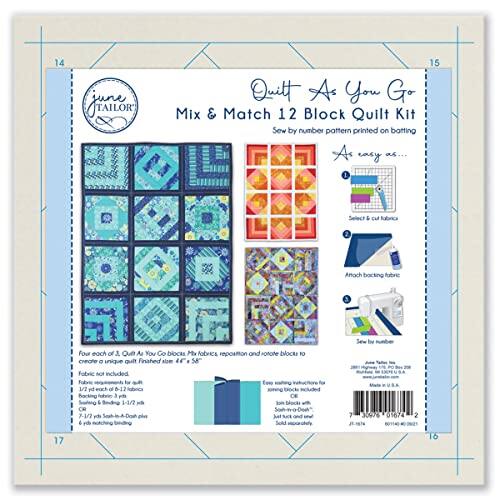 **14. Quilt As You Go Mix & Match 12 Block Quilt Kit**

- Sew by number pattern printed on batting
- Easy to follow
- Mix & Match 12 Block Quilt Kit
- Sew by number pattern printed on batting
- Four 12" x 12" Quilt As You Go Blocks Mix & Match, reposition and rotate blocks to create a unique quilt
- Finished size: 58" x 72"
- Fabric not included
- Includes: 1/2 yard of 8-12 backing fabric
- 1-1/2 yard of 7-1/7 yd backing fabric
- 17 pieces of 7" x 7" block hat and fusible web
- 30976 01674 2 17 16

**15. Select & cut fabric**
- Attach backing fabric
- Sew by Four each of 12 Quilt As You Go blocks
- Mix & Match 12 Block Quilt Kit
- Finished size: 58" x 72"
- Fabric not included
- Includes: 1/2 yard of 8-