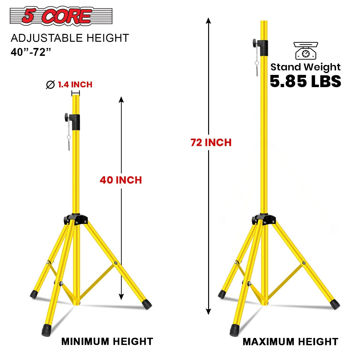 The corrected text is:

- Adjustable height: 40" - 72"
- Stand weight: 5.85 lbs
- Minimum height: 40 inches
- Maximum height: 72 inches
- 1.4 inch adjustment per height