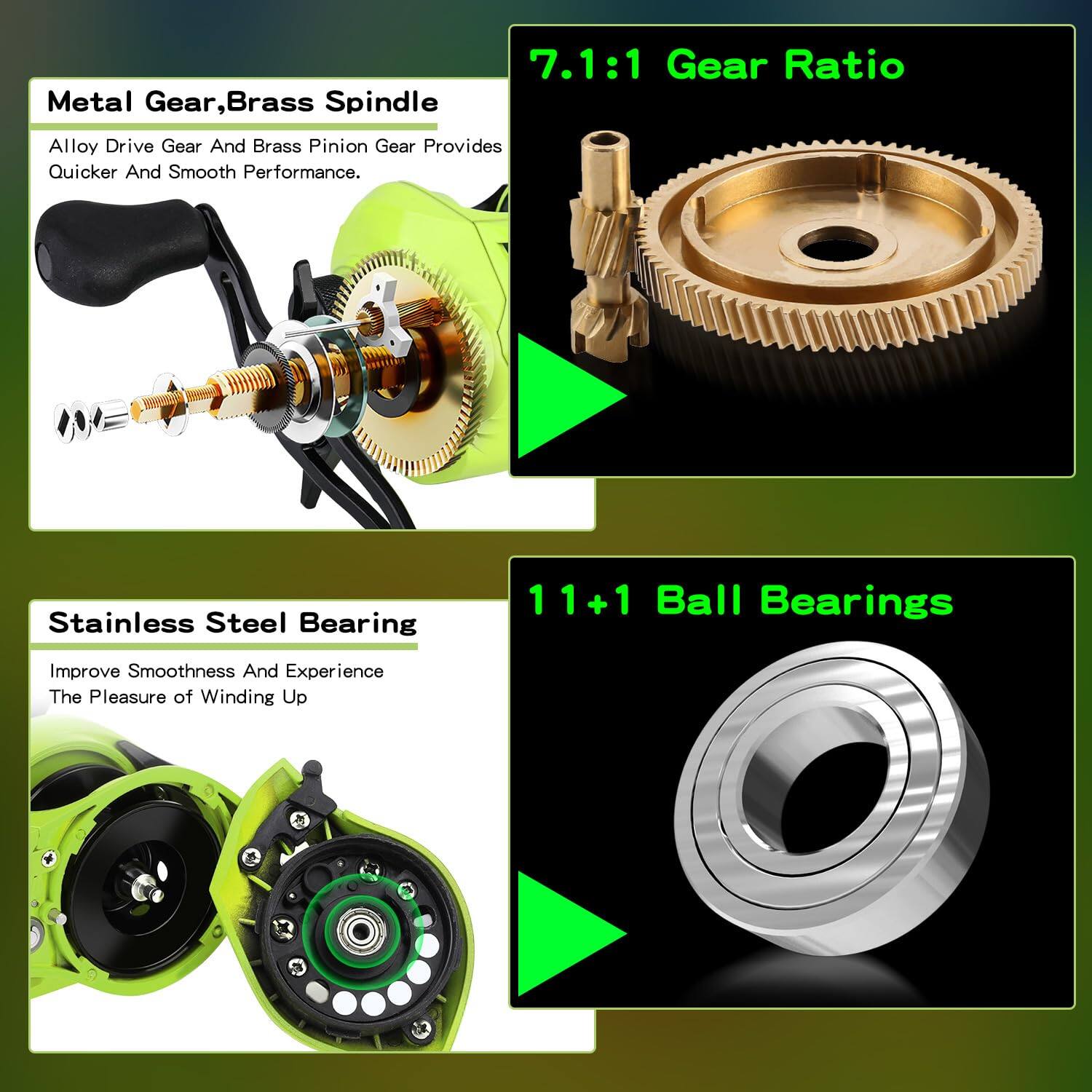 Metal Gear, Brass Spindle  
Alloy Drive Gear And Brass Pinion Gear Provides Quicker And Smooth Performance.

7.1:1 Gear Ratio

Stainless Steel Bearing  
Improve Smoothness And Experience The Pleasure of Winding Up

11+1 Ball Bearings