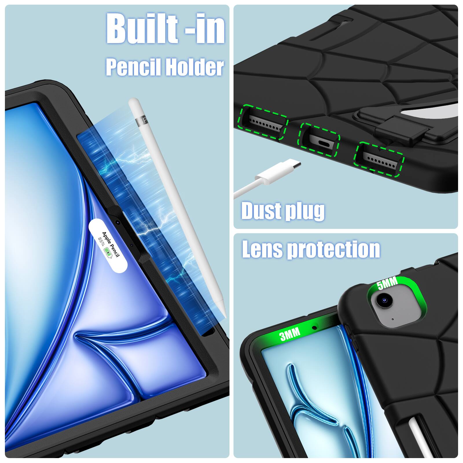 Built-in Pencil Holder  
Dust plug  
Lens protection  
5MM 3MM