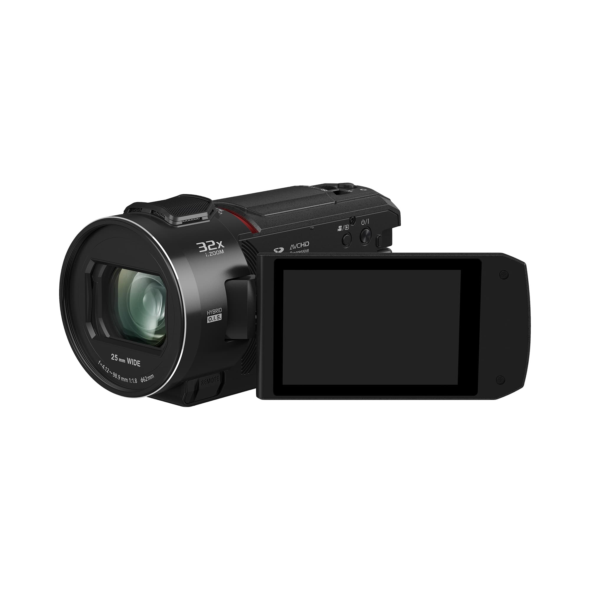 The image features a camera with a lens attached to it. The camera has a screen on the back, which is displaying a black screen. The camera is likely a video camera, as it has a 20x to 32x zoom lens. The camera also has a remote control, which can be used to operate the camera from a distance.