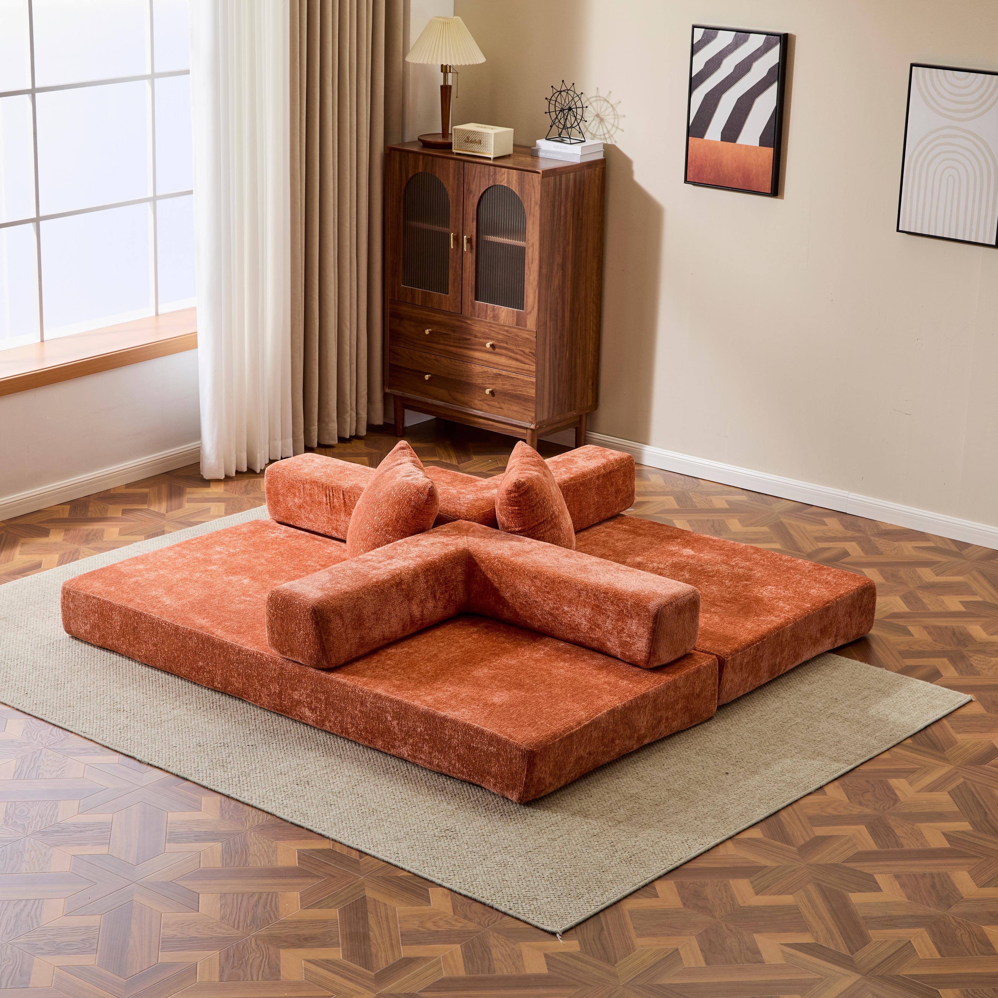 Alt View 4. Anysun - Chenille Convertible Floor Sofa Bed with Pillow Support & Armrest - Compression Couch Sleeper for Living Room & Bedroom - Orange.