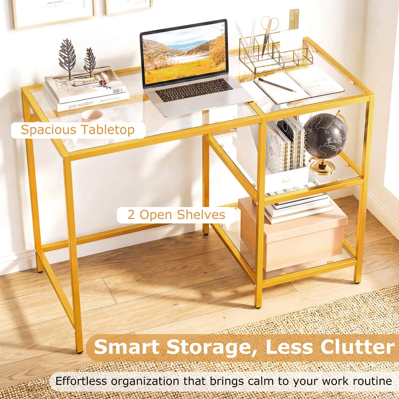 Spacious Tabletop  
2 Open Shelves  
Smart Storage, Less Clutter  
Effortless organization that brings calm to your work routine
