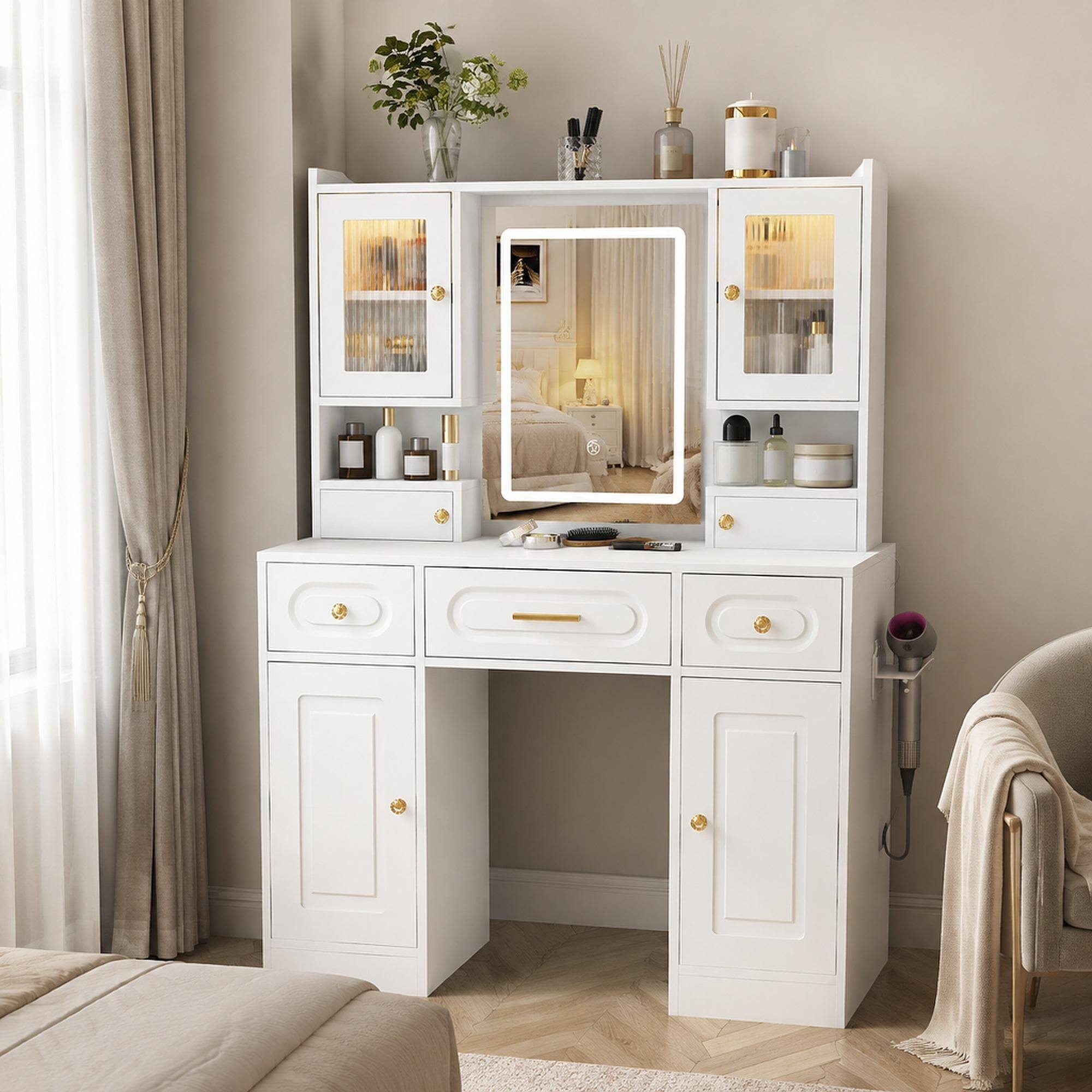 RYHNUYNE Large Vanity Table Set, Makeup Dressing Desk with Mirror, 3 ...