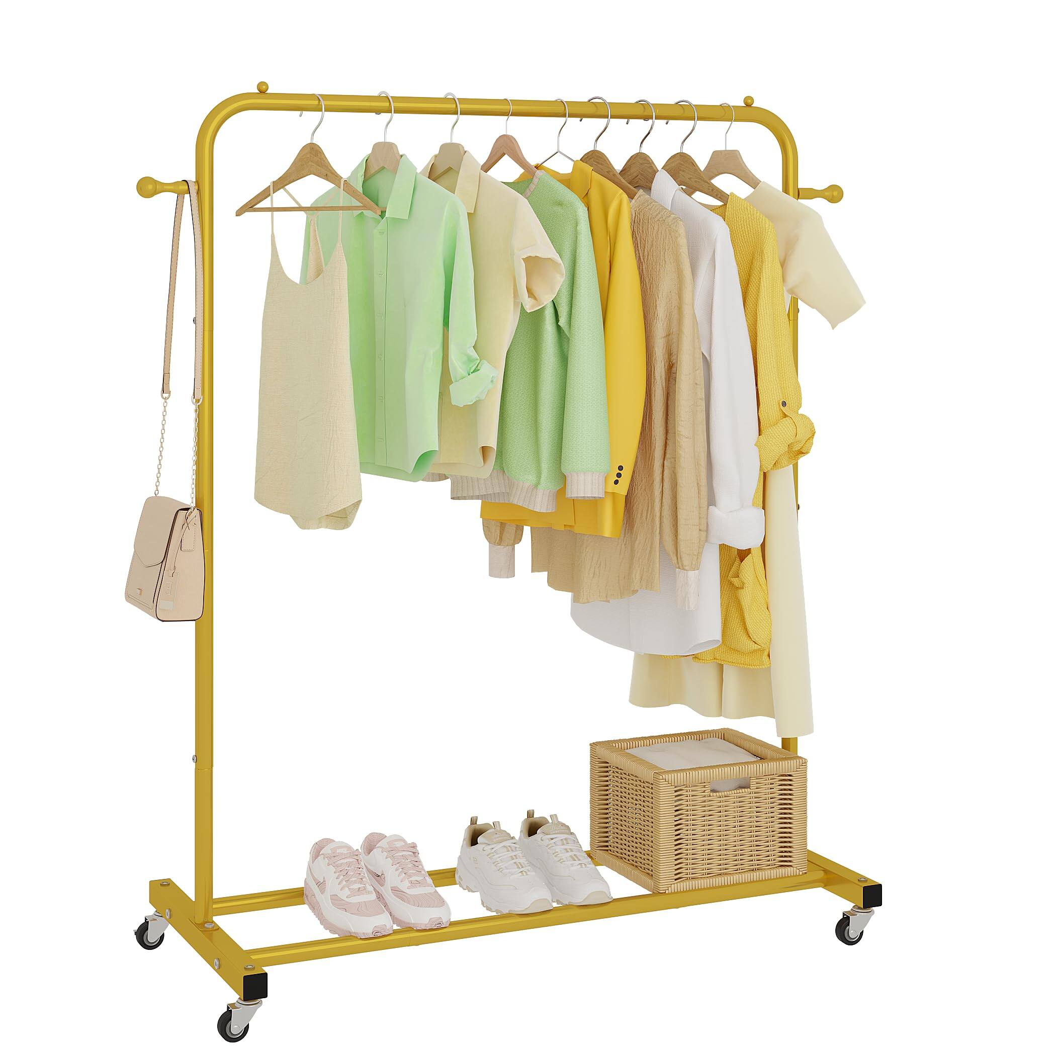 Front. ThinkLink Electronic - Clothing Rack On Wheels With Storage Shelf & Sturdy Metal Frame Retail For Hanging Clothes Coats Skirts - Gold.
