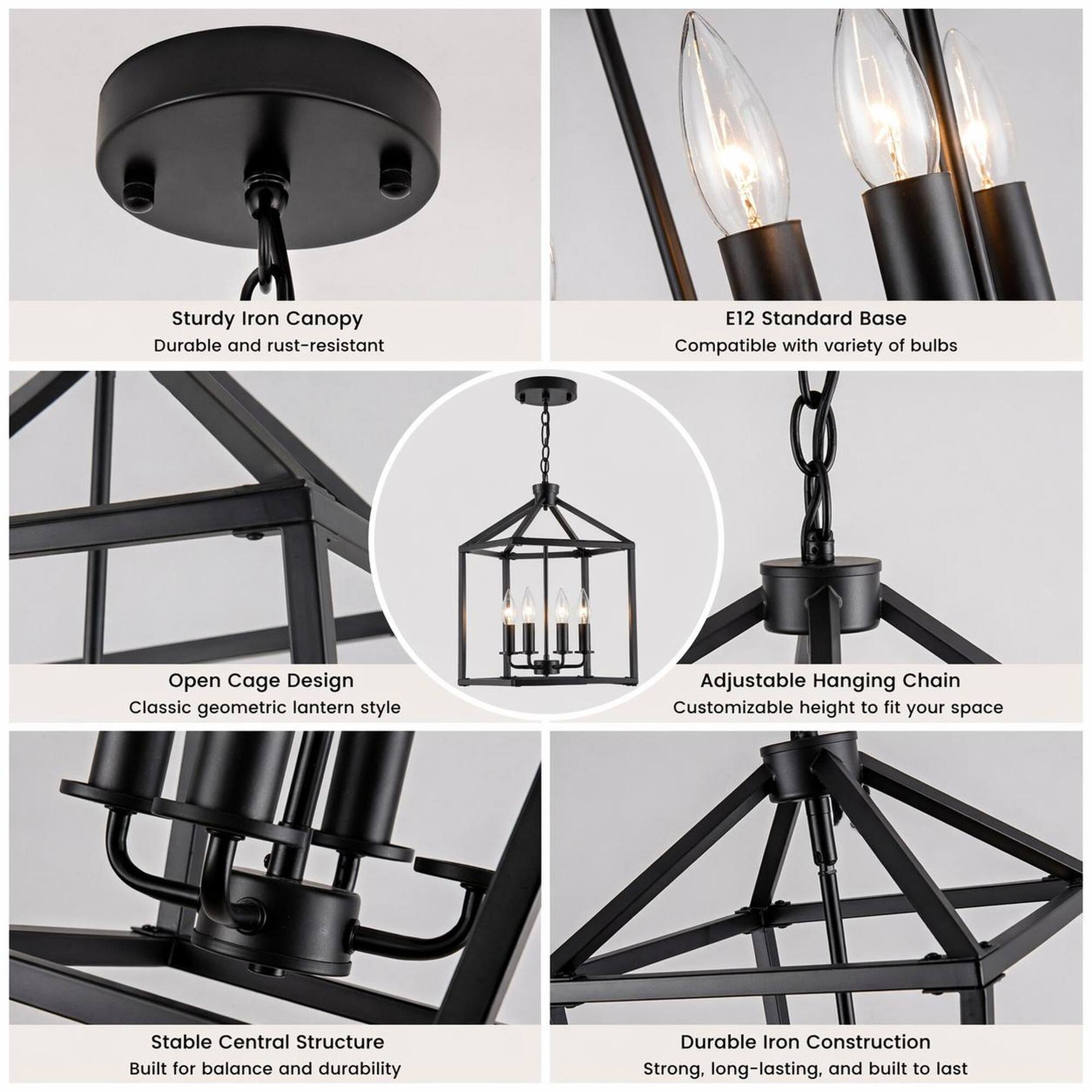 Sturdy Iron Canopy  
Durable and rust-resistant

E12 Standard Base  
Compatible with variety of bulbs

Open Cage Design  
Classic geometric lantern style

Adjustable Hanging Chain  
Customizable height to fit your space

Stable Central Structure  
Built for balance and durability

Durable Iron Construction  
Strong, long-lasting, and built to last