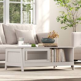 Bestier - Modern Coffee Table with Glass Sliding Doors, Open Storage and Silent Slide Design - White