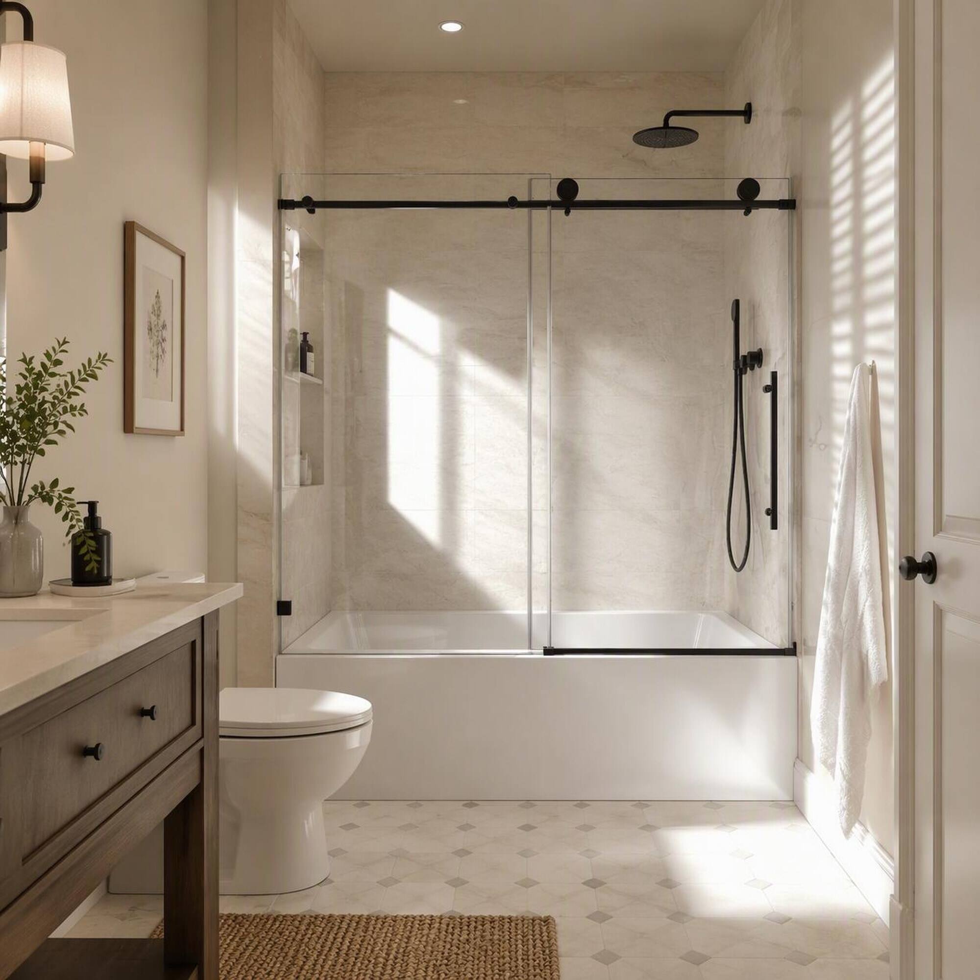 Angle. RYHNUYNE - Matte Black Frameless Shower Door With 70mm Steel Pulleys, Soft Close And Nano Easy Clean - Matte Black.
