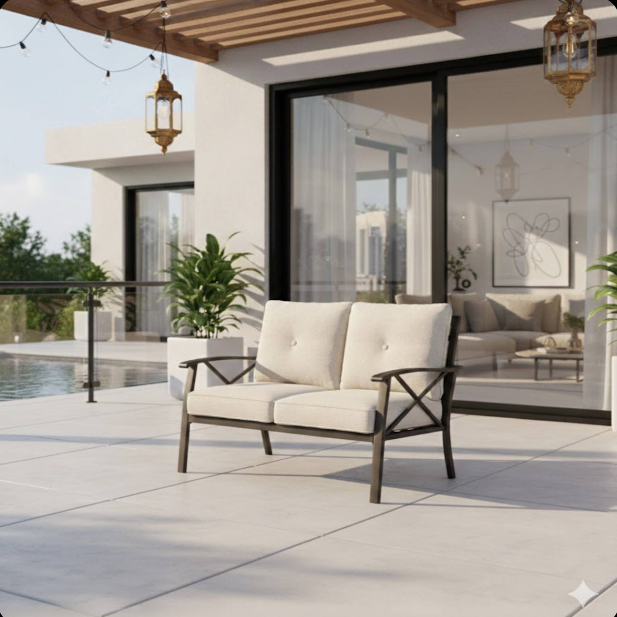 Angle. Anysun - 48" All-Weather Metal Loveseat with Beige Cushions, 2-Seat Outdoor Sofa for Patio or Garden - Light Khaki.