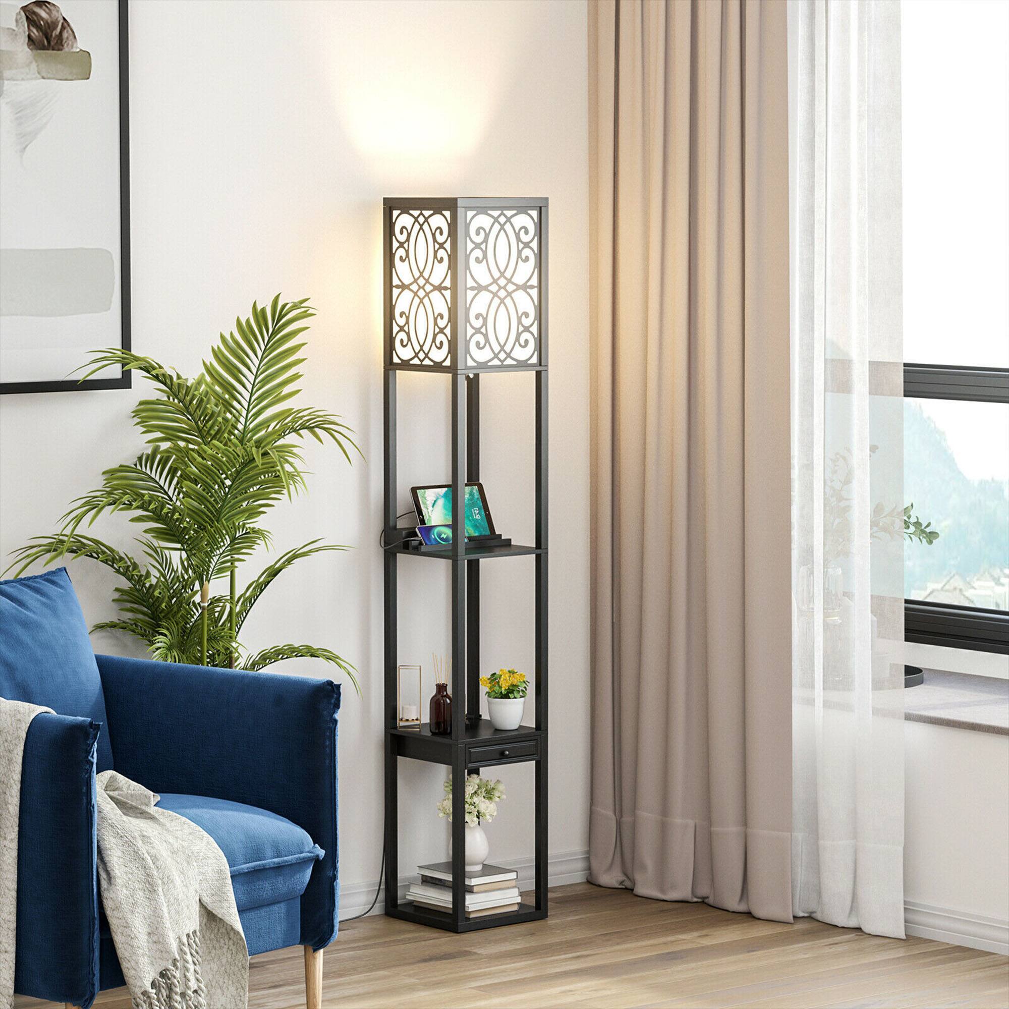 Alt View 2. Gymax - Gymax Modern Standing Shelf Floor Lamp w/ 1 Power Outlet and 2 USB Ports for Living Room - Black.