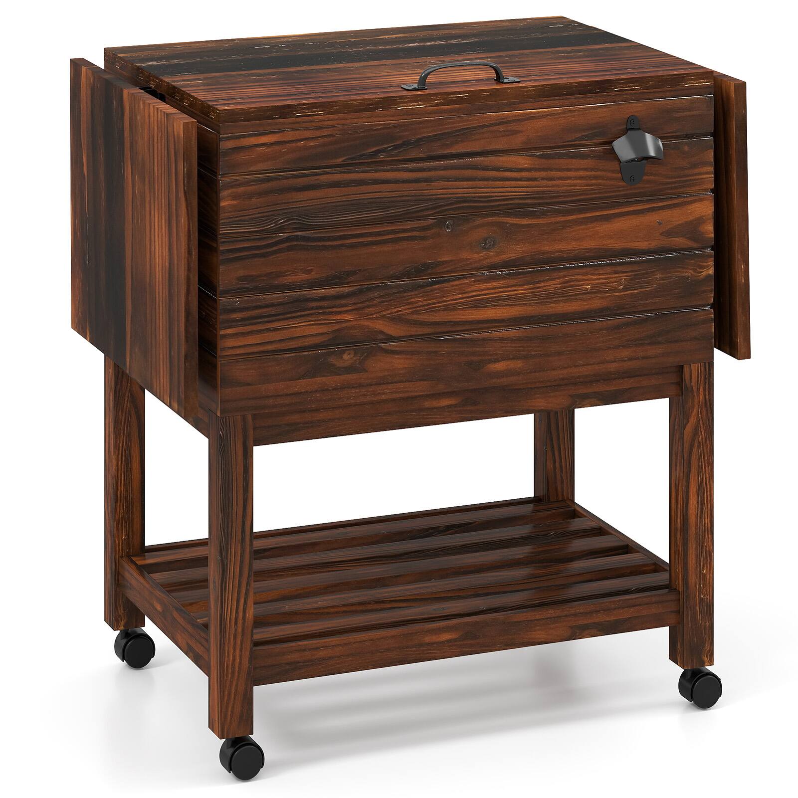 Alt View 9. Gymax - Gymax 54 Quart Rolling Wooden Patio Cooler Cart w/ 2 Drop Leaf Tables Bottle Opener - Brown.