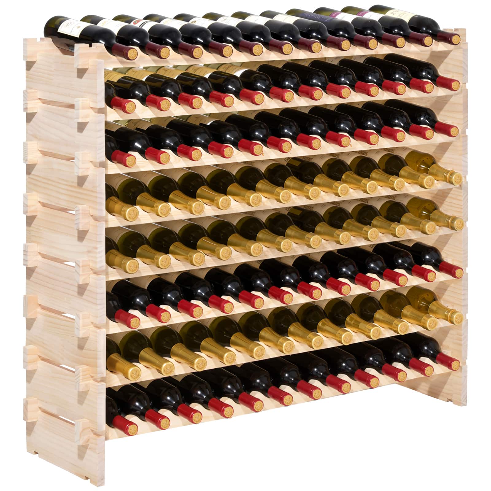 VEVOR - 96 Bottle Stackable Modular Wine Rack, 8-Tier Wine Bottle Holder,Solid Wood Floor Freestanding Wine Storage Rack - Natural wood