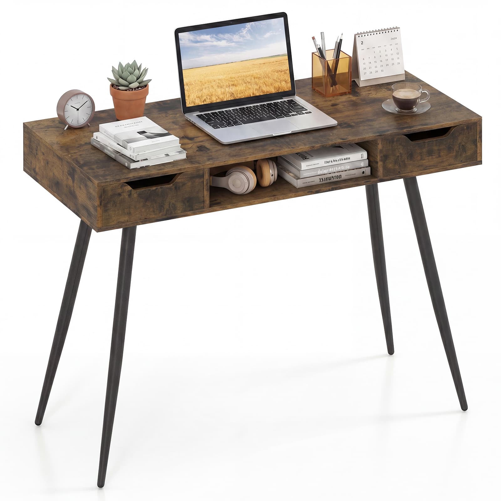 Costway - Computer Desk with Drawers, Open Storage Compartment for Small Spaces, Office - Rustic Brown
