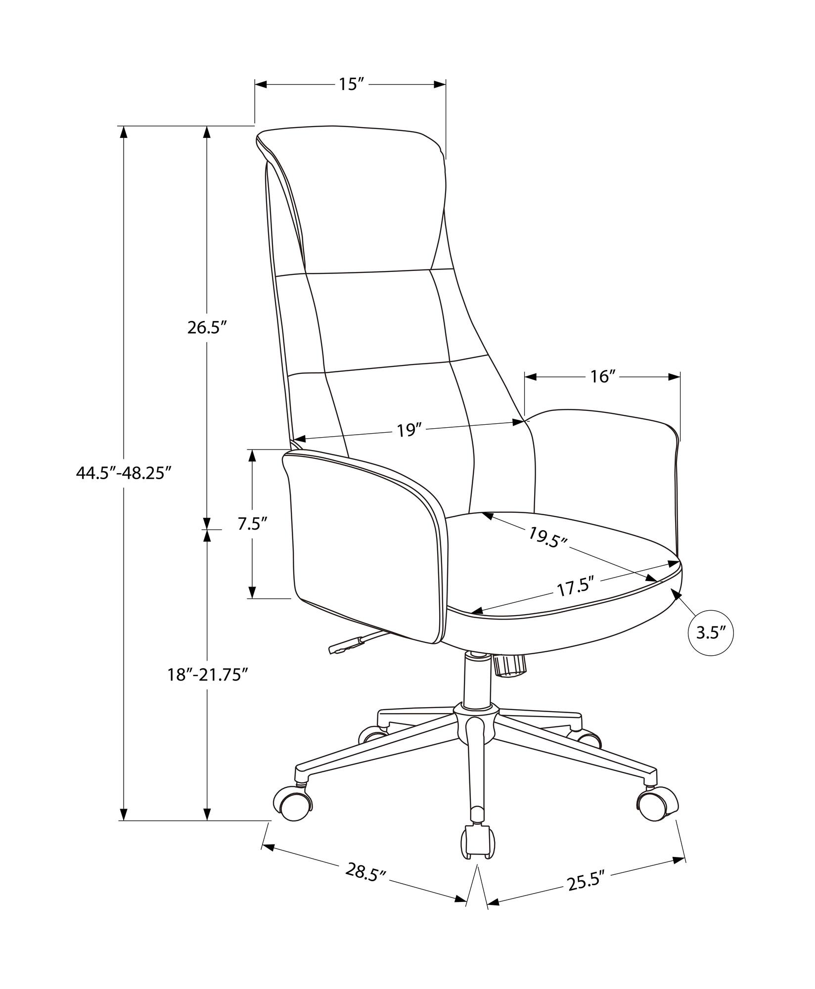 15"  
26.5"  
16"  
19"  
44.5"-48.25"  
7.5"  
19.5"  
17.5"  
3.5"  
18"-21.75"  
28.5"  
25.5"