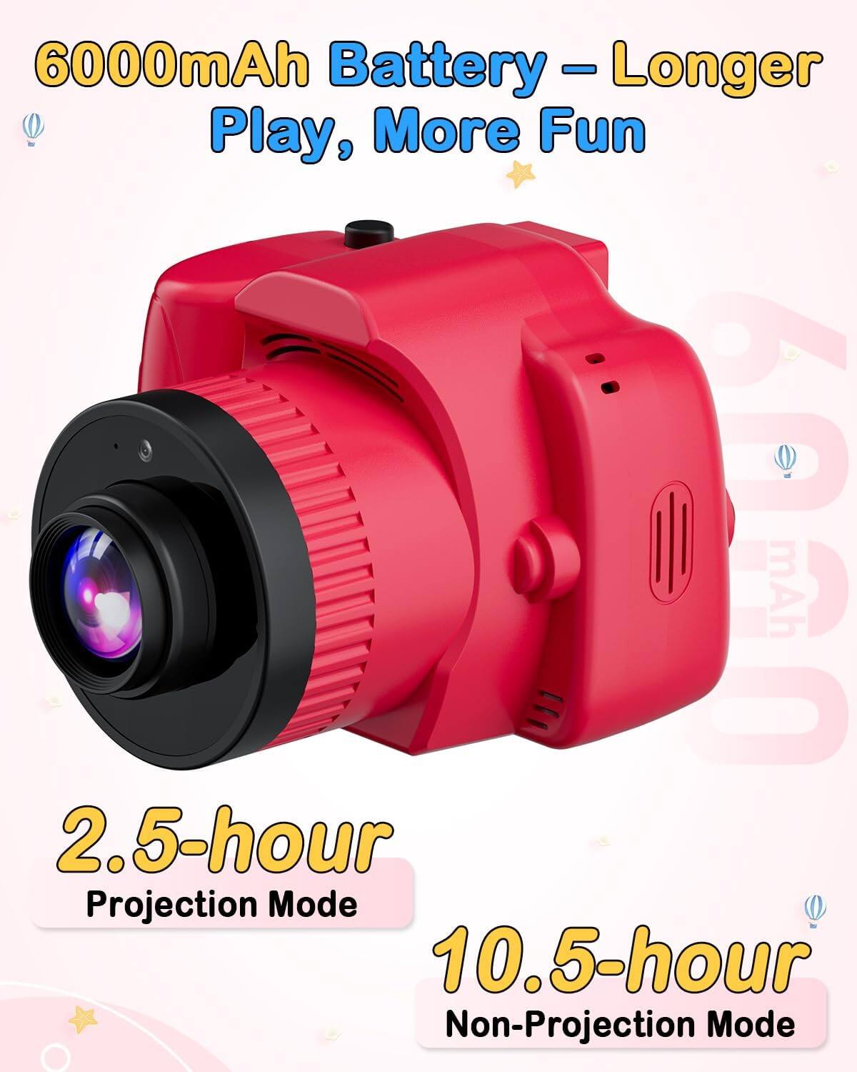 6000mAh Battery - Longer Play, More Fun

2.5-hour Projection Mode
10.5-hour Non-Projection Mode