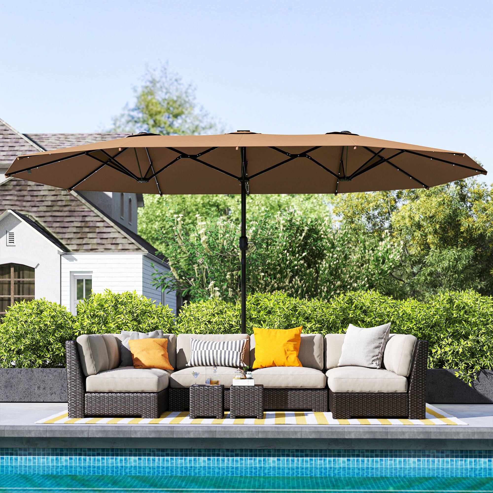 Alt View 8. Outsunny - Parasol 14.4 ft. Double-Sided Sun Umbrella with Base - Khaki.