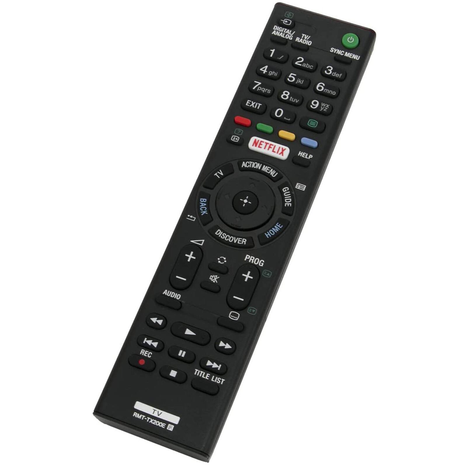 DIGITAL/ TV/ RADIO  
1 SYNC MENU  
2 abc  
3 def  
4 ghi  
5 jkl  
6 mno  
7 pqrs  
8 tuv  
9 wxyz  
0 .  
EXIT  

NETFLIX HELP ACTION TV MENU BACK GUIDE DISCOVER HOME + PROG - + AUDIO - REC " D TITLE LIST TV RMT-TX200E