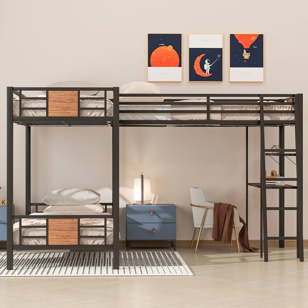 Angle. Loheer - Loheer L-Shaped Twin Over Twin Bunk Bed with Loft Bed Desk and Shelves Black Metal - Black.