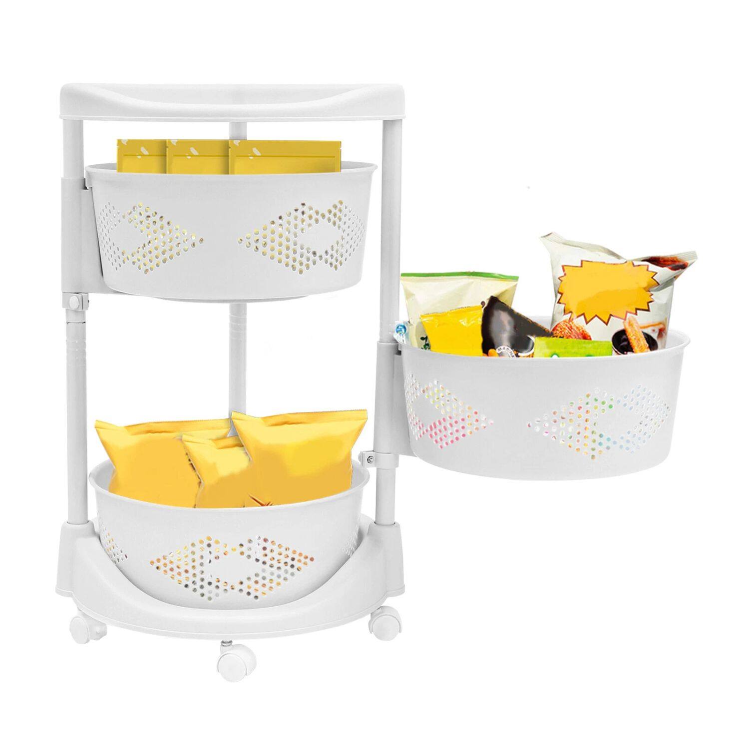 Back. Home Collection - 3-Tier Rotating Kitchen Storage Cart – Vegetable & Fruit Basket Rack Organizer - White.