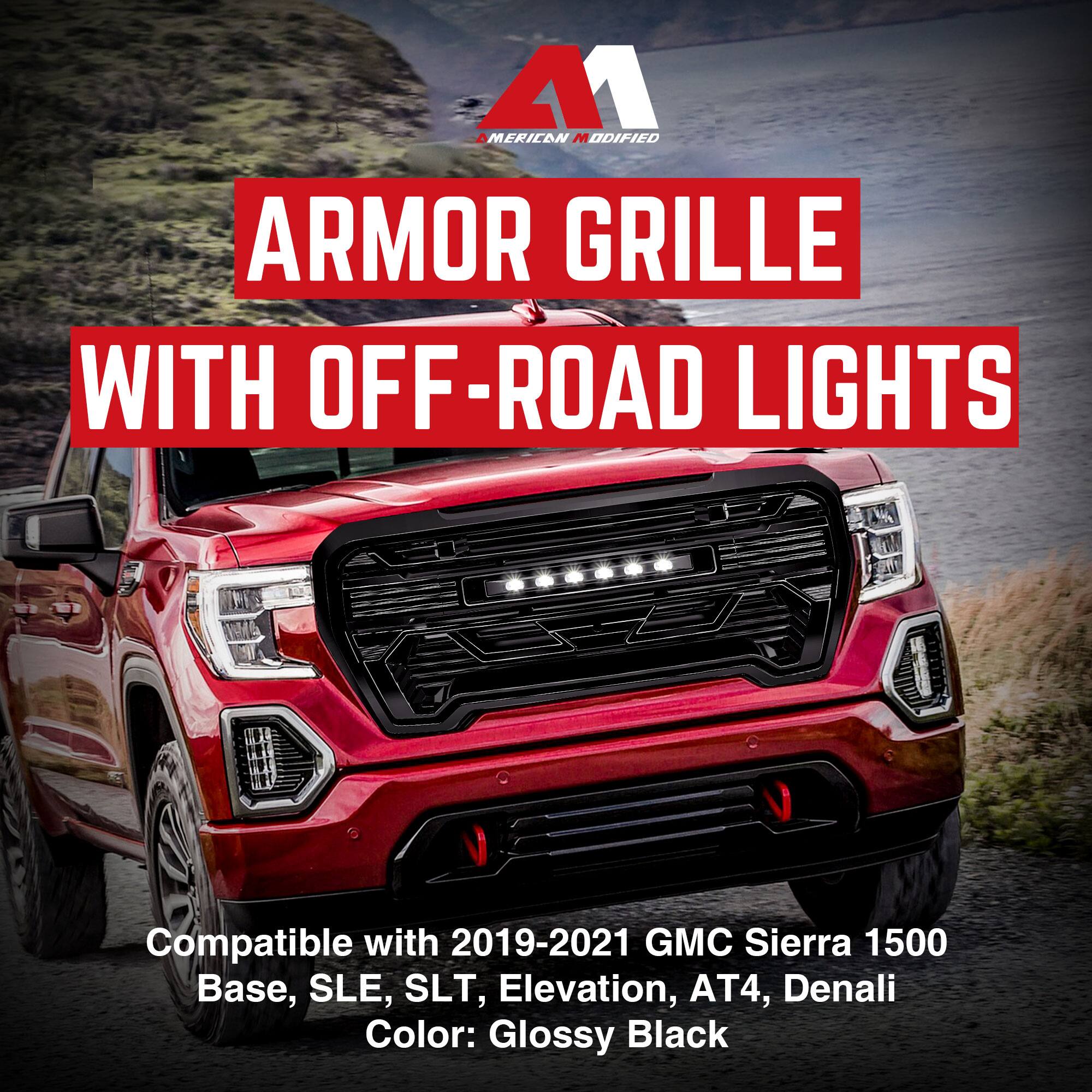 ARMOR GRILLE WITH OFF-ROAD LIGHTS

Compatible with 2019-2021 GMC Sierra 1500 Base, SLE, SLT, Elevation, AT4, Denali  
Color: Glossy Black