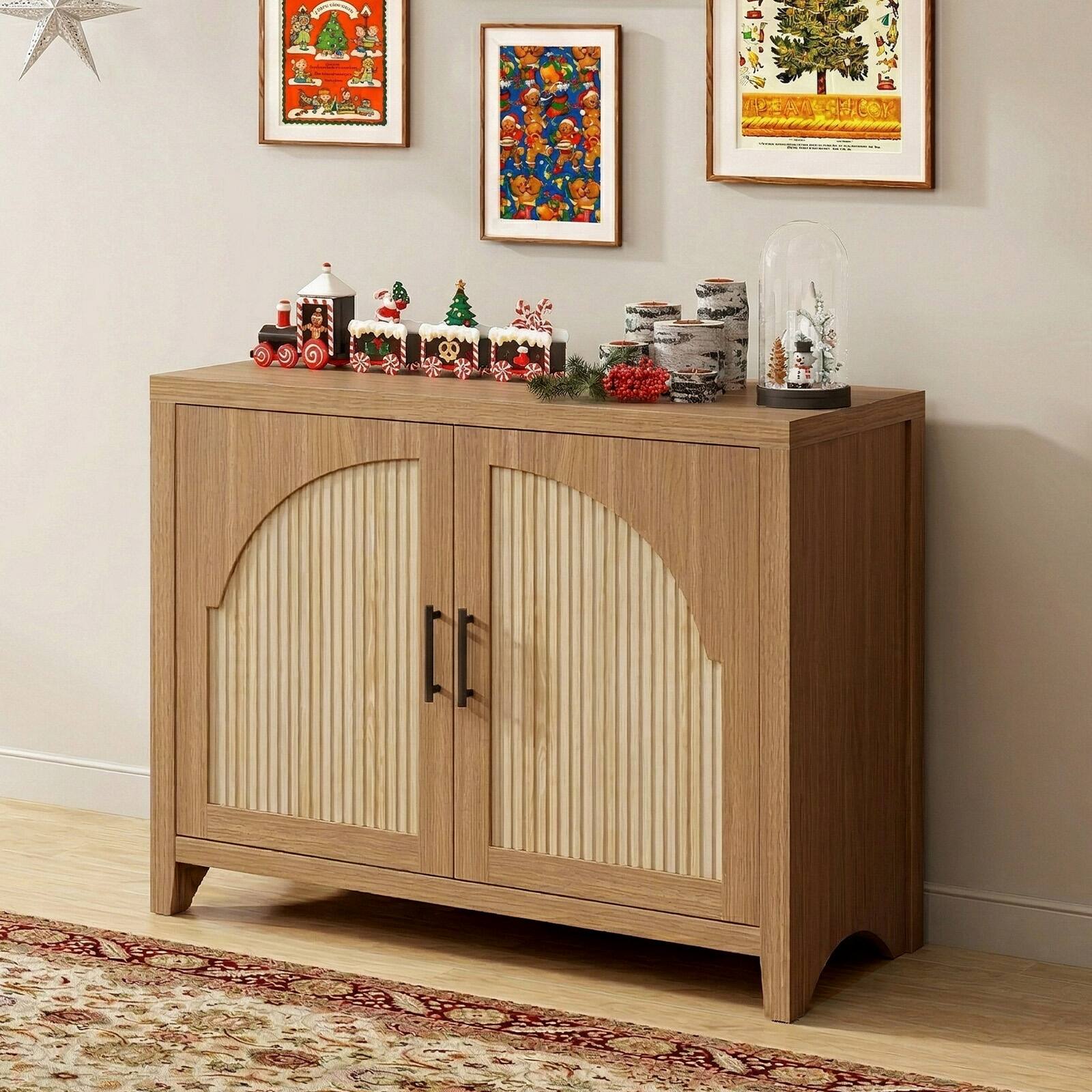 Angle. Bestier - 60" Curved Fluted TV Stand, Double Door Media Console with Adjustable Shelves & Cable Management for Living Room - Brown Oak.