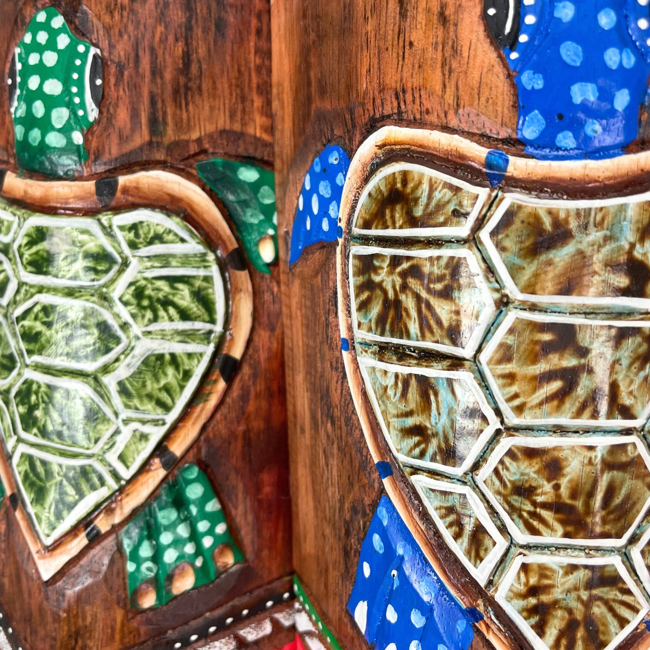 Alt View 2. Chesapeake Bay - Set of 2 Sea Turtle & Plumeria Flower Hand-Carved Wall Decor - Multicolored.