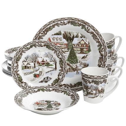 Front. Gibson - Gibson Home Christmas Toile 16 Piece Dinnerware Set - White and Multi.