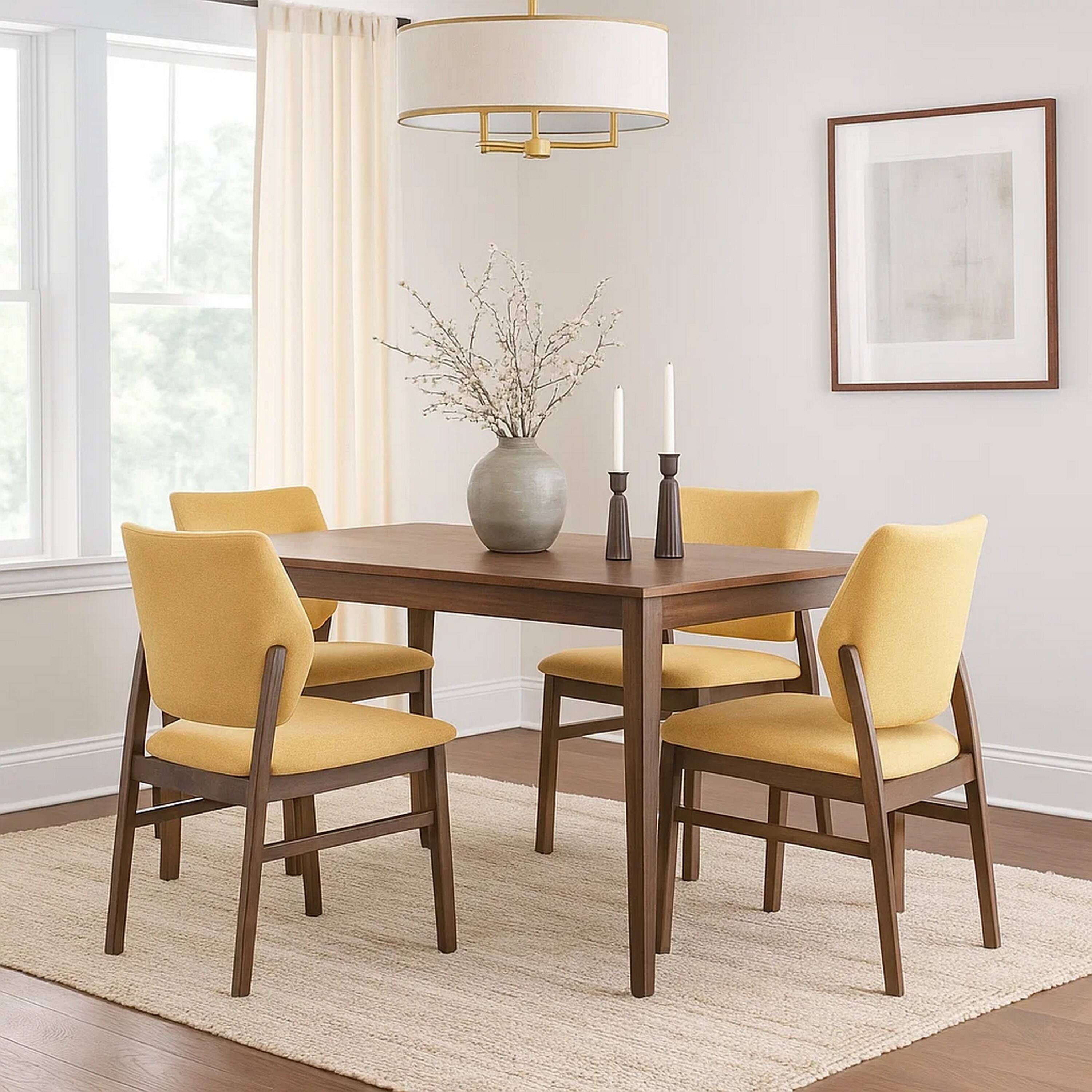 Alt View 5. Manhattan Lane - Nory Dining Side Chair Set of 2, Yellow Linen Cushioned - Yellow, Walnut Brown.