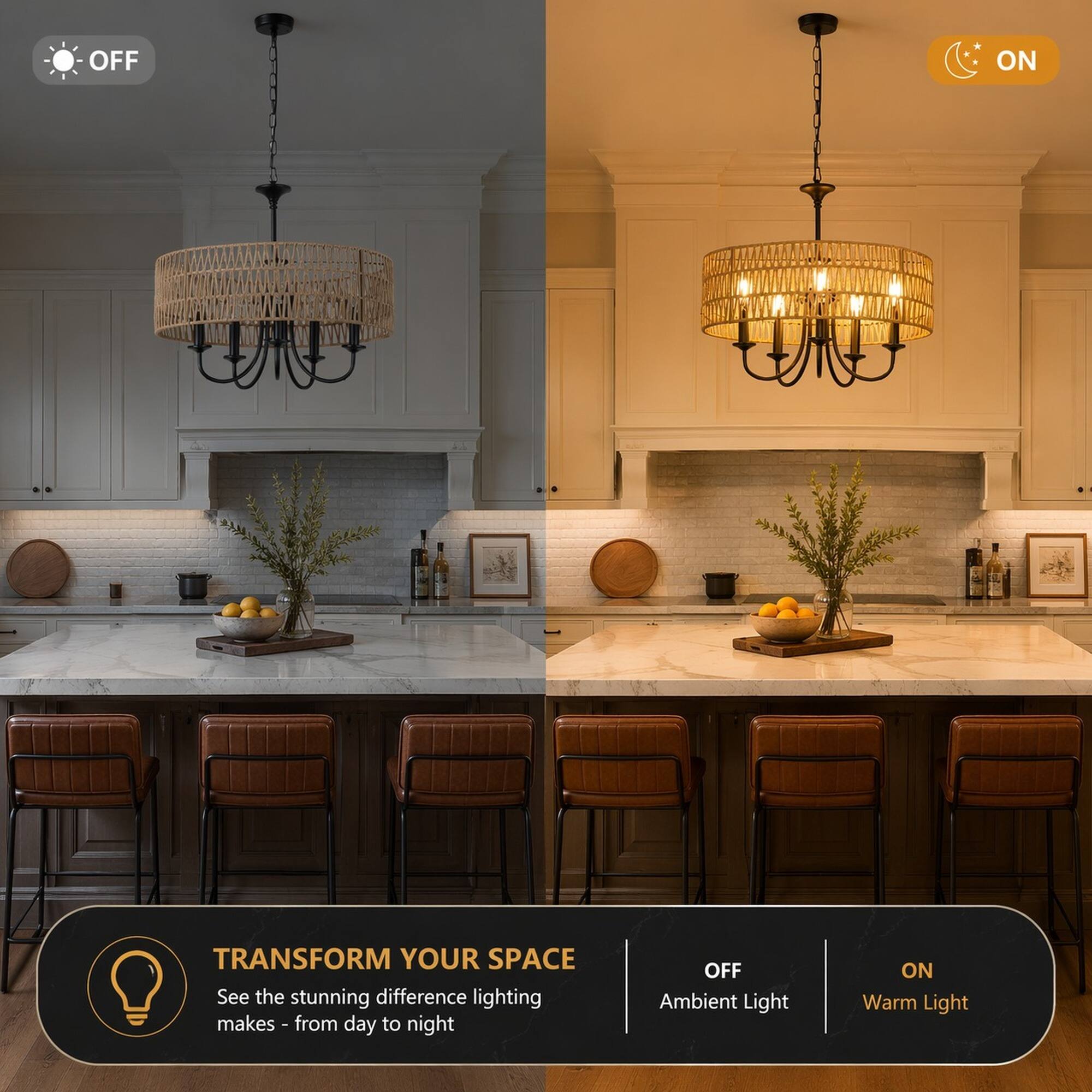 OFF  
ON  
TRANSFORM YOUR SPACE  
See the stunning difference lighting makes - from day to night  
OFF Ambient Light  
ON Warm Light