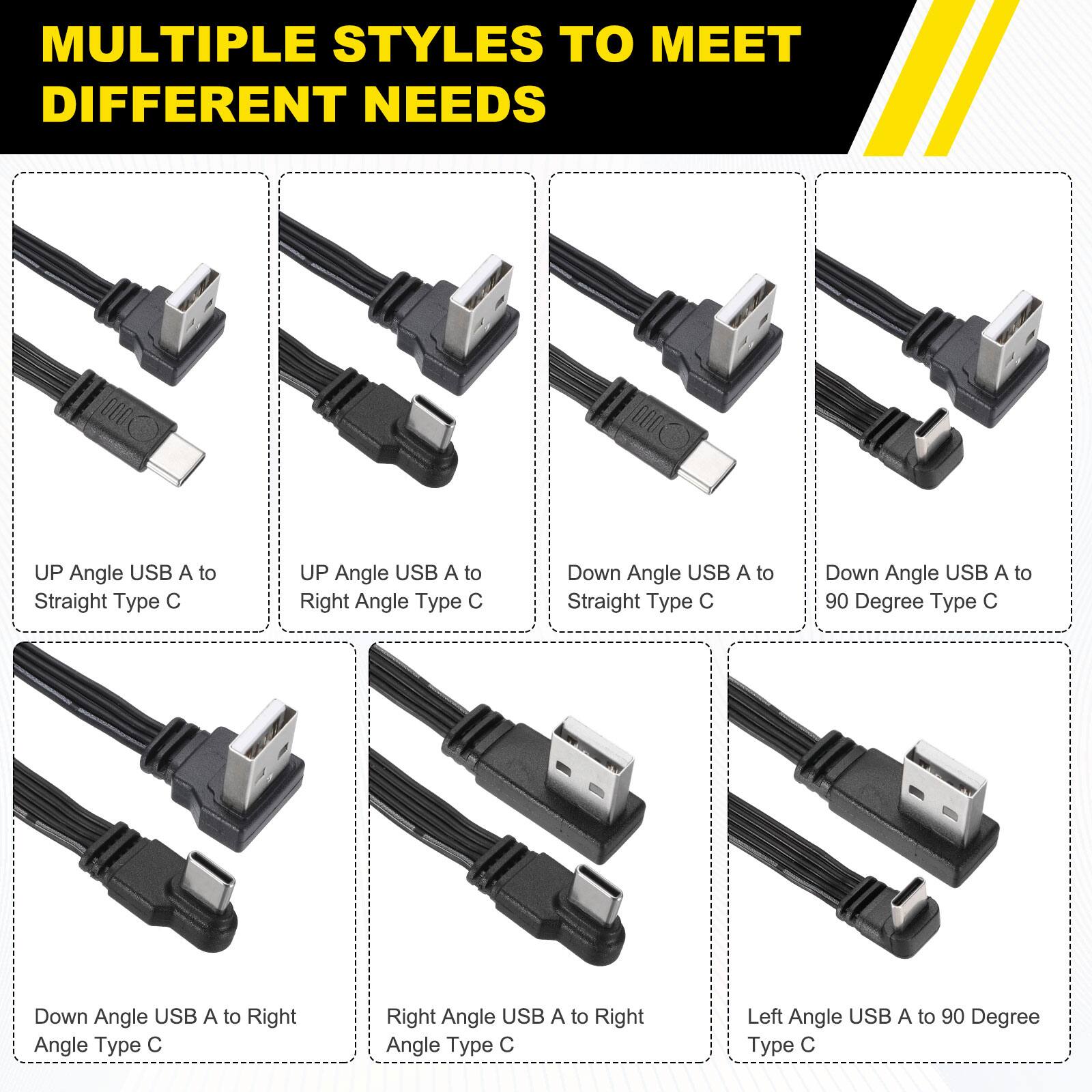 MULTIPLE STYLES TO MEET DIFFERENT NEEDS

- UP Angle USB A to Straight Type C
- UP Angle USB A to Right Angle Type C
- Down Angle USB A to Straight Type C
- Down Angle USB A to 90 Degree Type C
- Down Angle USB A to Right Angle Type C
- Right Angle USB A to Right Angle Type C
- Left Angle USB A to 90 Degree Type C