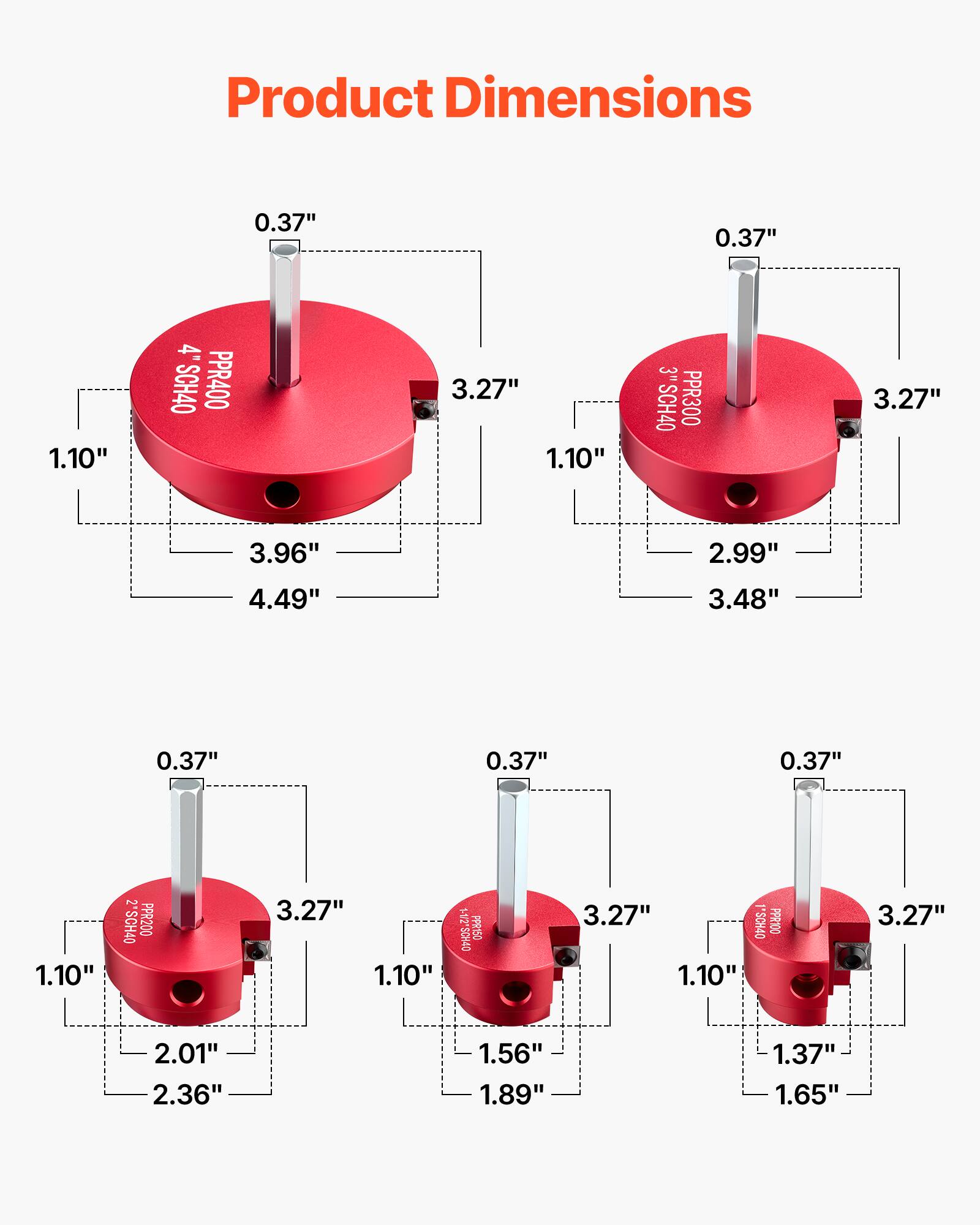 Product Dimensions

- 0.37" x 0.37" x 1.10" x 4" SCH40 PPR400
- 3.27" x 1.10" x 3" SCH40 PPR300
- 3.96" x 2.99" x 4.49" x 3.48" x 0.37" x 0.37" x 0.37" x 1.10"
- 2" SCH40 PPR200
- 3.27" x 1.10" COHOS214 PPR150
- 1.10" x 3.27" x 2.01" x 2.36" x 1.56" x 1.89" x 1.37" x 1.65"