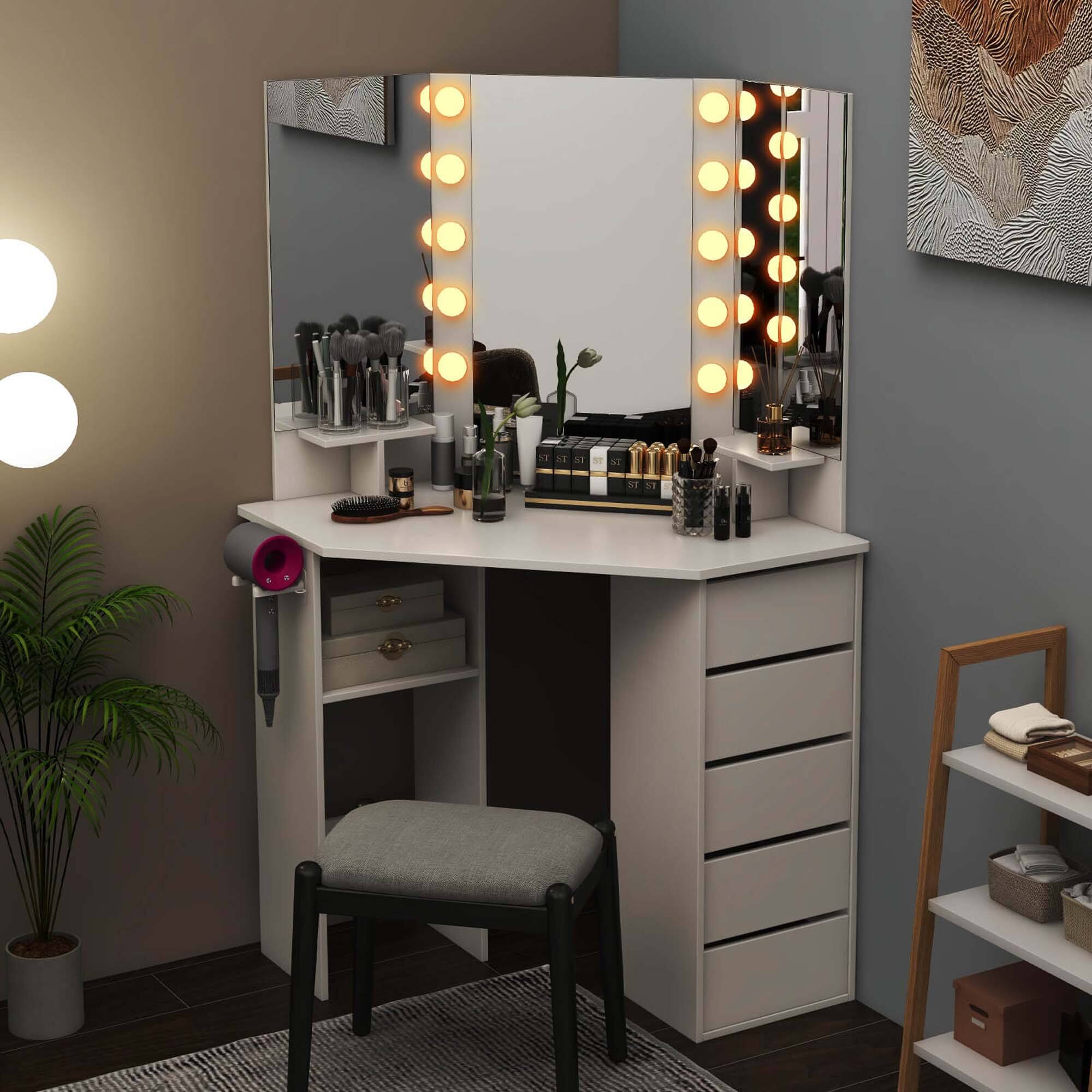 Alt View 4. Costway - Costway Corner Vanity Desk Cosmetic Vanity Station with LED Mirror & Power Outlets White - White.