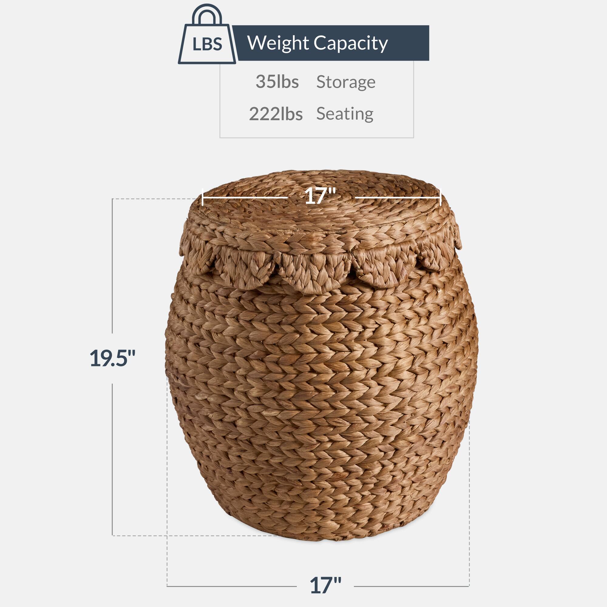 LBS Weight Capacity  
35lbs Storage  
222lbs Seating  

17"  
19.5"  
17"
