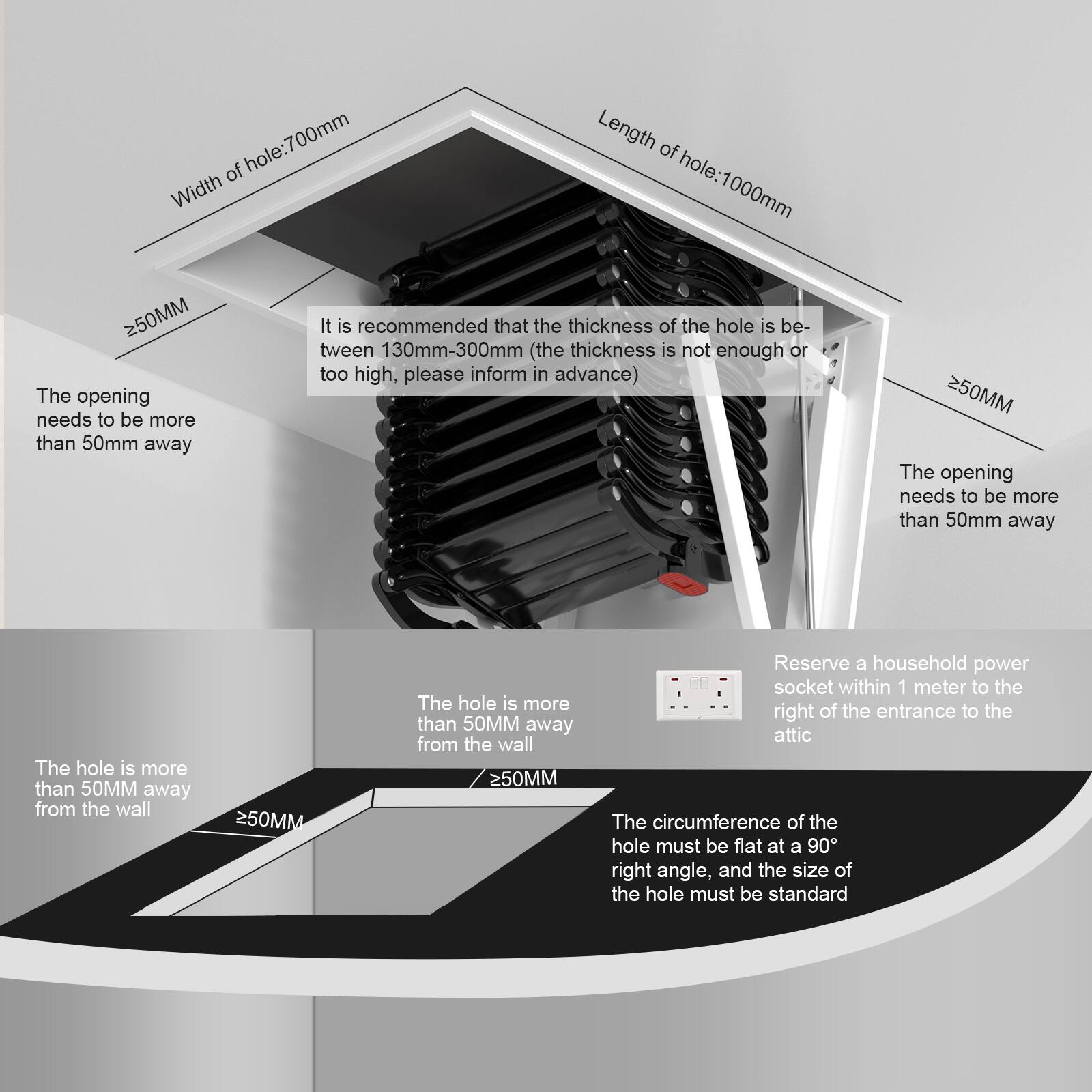 - Width of hole: 700mm
- Length of hole: 1000mm
- It is recommended that the thickness of the hole is between 130mm-300mm (the thickness is not enough or too high, please inform in advance)
- The opening needs to be more than 50mm away
- The hole is more than 50MM away from the wall
- Reserve a household power socket within 1 meter to the right of the entrance to the attic
- The circumference of the hole must be flat at a 90° right angle, and the size of the hole must be standard