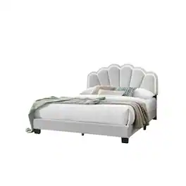 Manhattan Lane - Geny Queen Size Bed, Classic White Wool Upholstery and LED, Glam Arch - White, Black