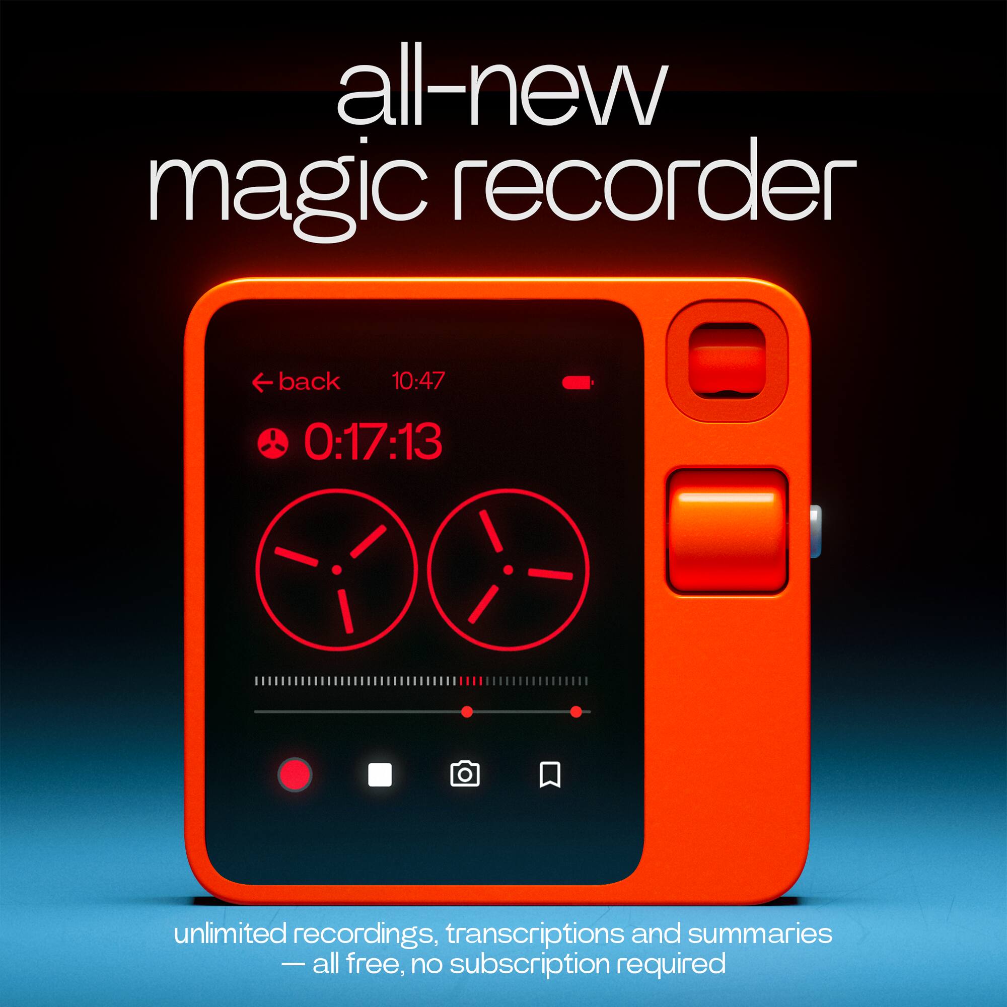 all-new magic recorder

unlimited recordings, transcriptions and summaries - all free, no subscription required
