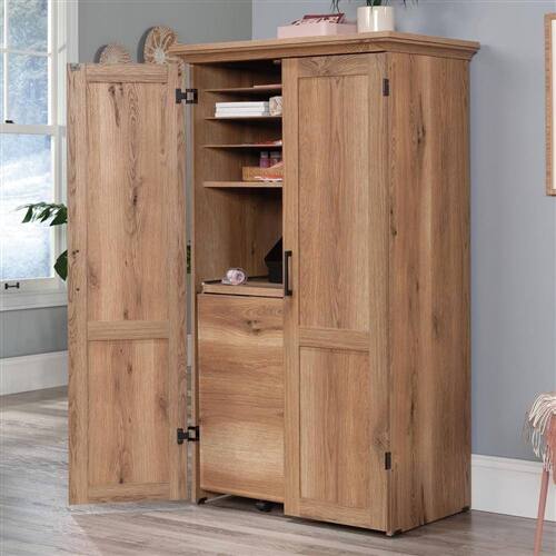 Angle. Hivvago - Drop Leaf Computer Desk Craft Table Armoire in Oak Wood Finish - Brown.