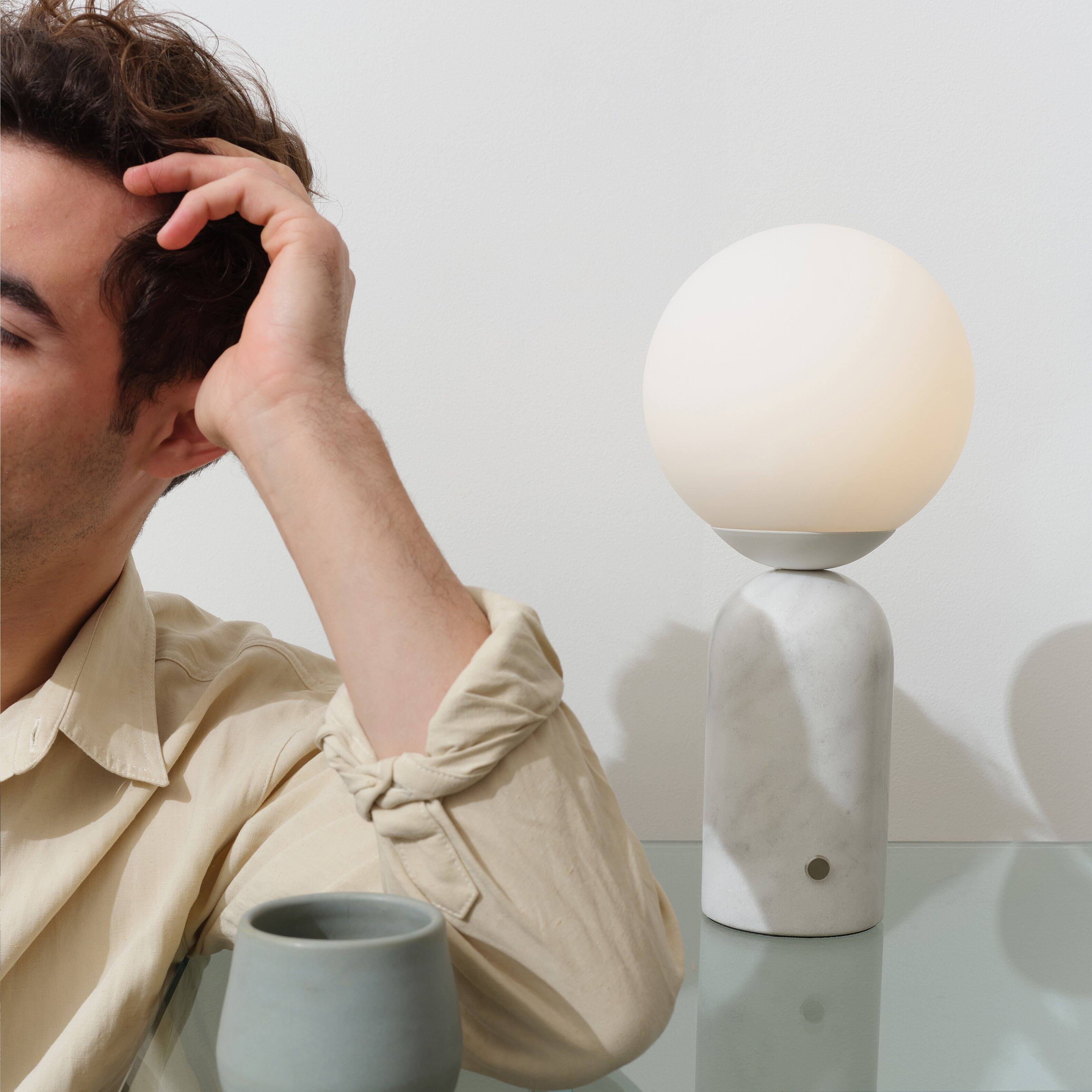 Alt View 8. Brightech - Mila Tall LED Modern Contemporary Round Globe Dimmable Bedside Nightstand Desk Lamp with Frosted White Glass Shade - Glossy White Marble.