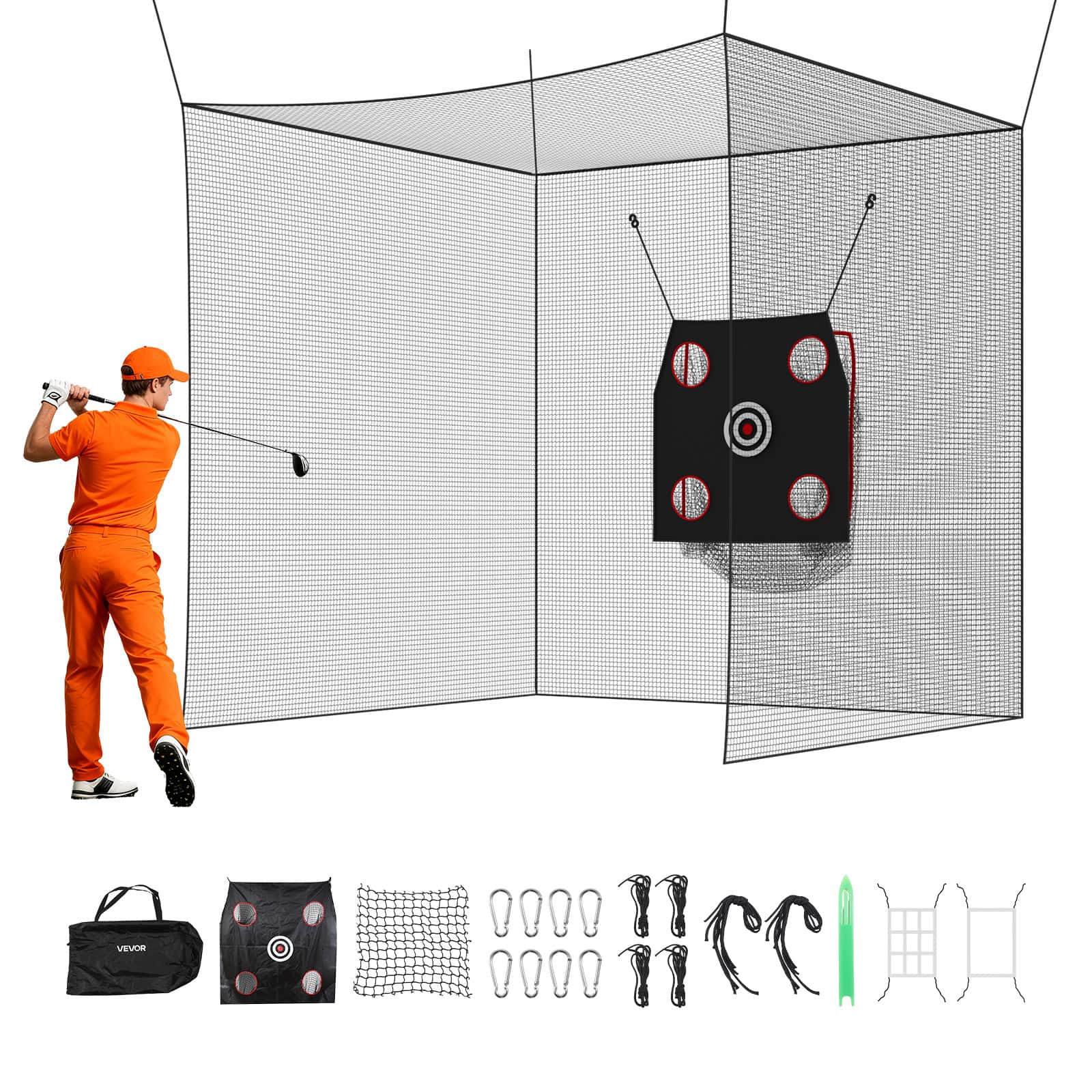 VEVOR - Golf Batting Cage, 10 x 10 x 10 FT Golf Cage, Driving Hitting Cages with 3-Ply Knotless Polyester, Golfs Target - Black